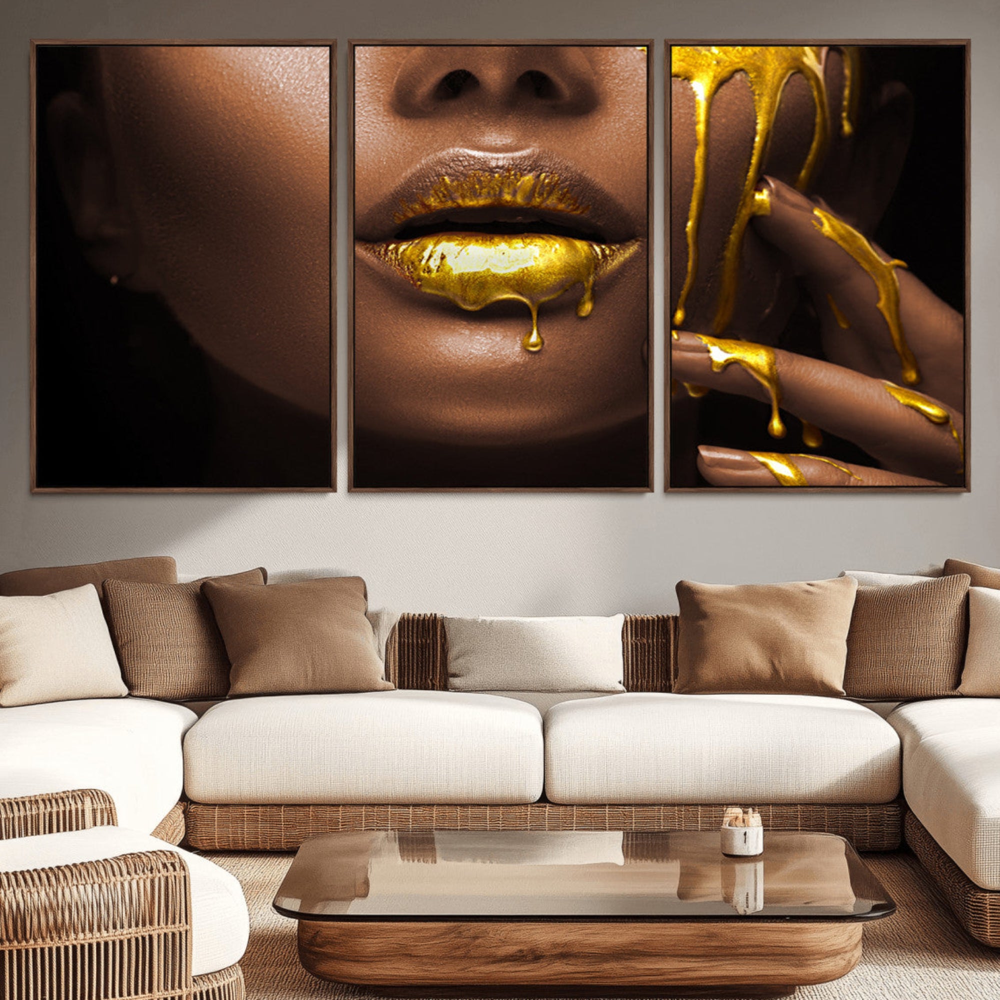 35346-MGV-CV-36X24-African American Art Black Woman Canvas Print, African Wall Art, Fashion African Woman Gold Lips