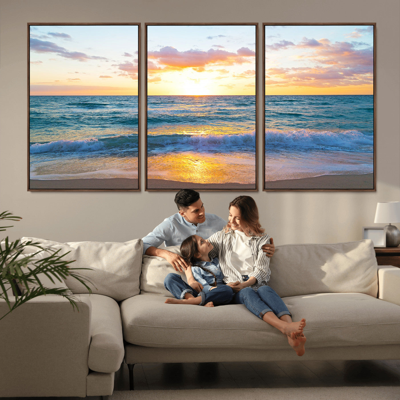 MGV-FC-60X30-3P - Golden Sunset Over Ocean Waves - Serene Coastal Triptych Wall Art for Relaxing Home Decor, Ready to