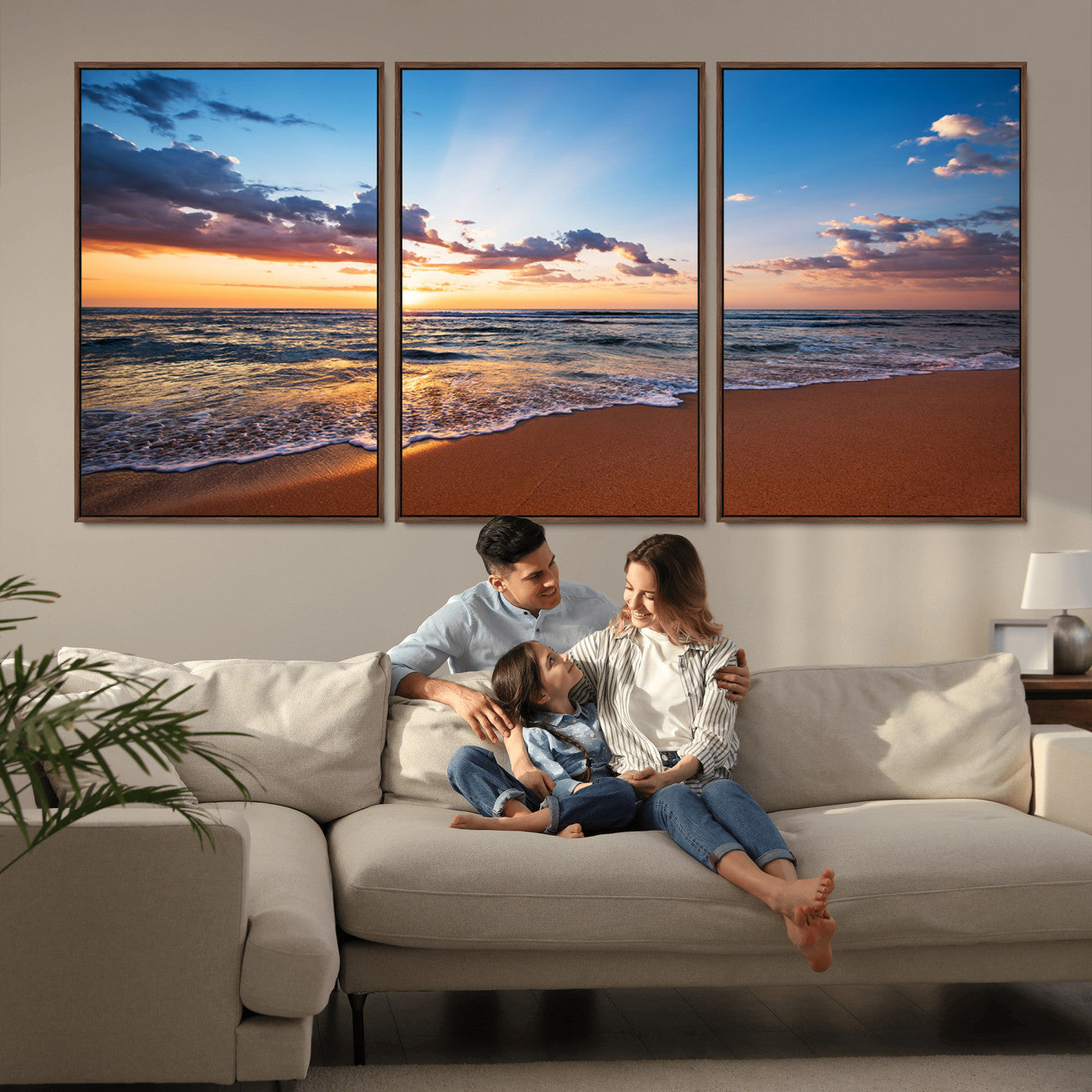 MGV-FC-60X30-3P - Golden Hour Beach Sunset Wall Art | Canvas Print | Ready to Hang | Coastal Wall Art for Living Room