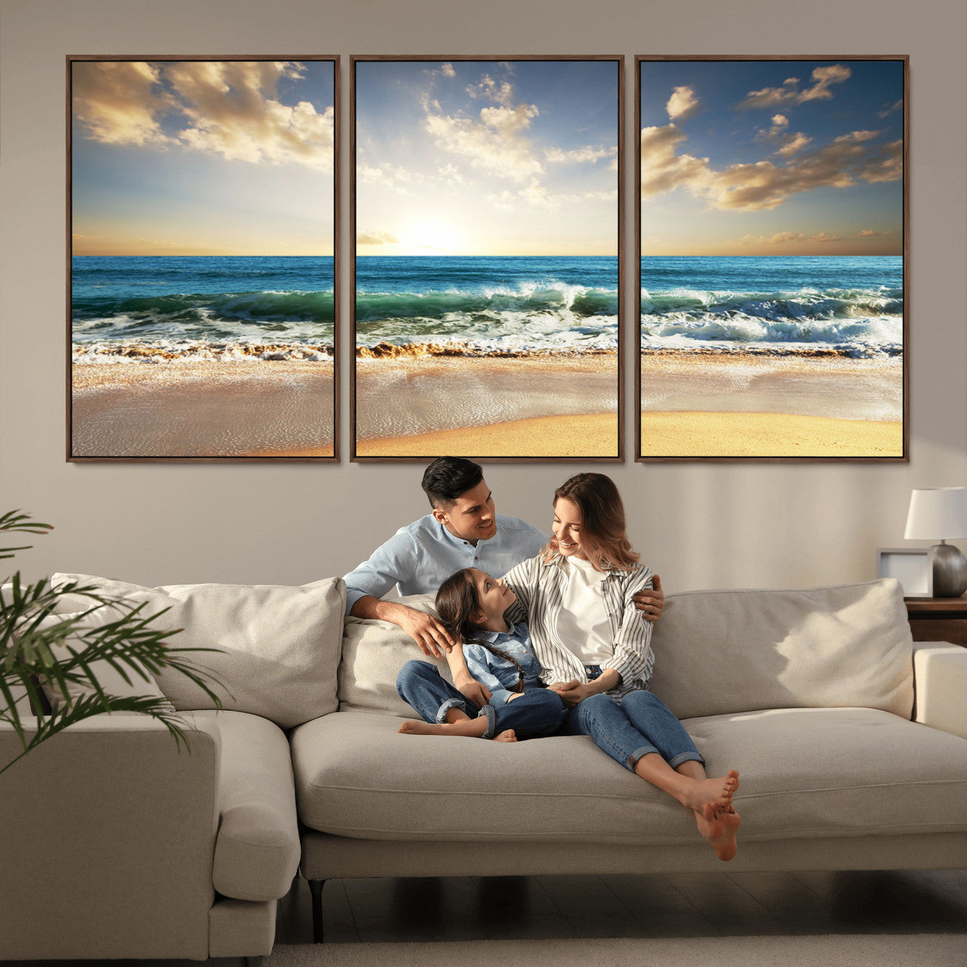 MGV-FC-60X30-3P - Golden Sunset Beach Triptych Canvas Wall Art for Living Room – 3-Panel Ocean View, Framed & Ready to