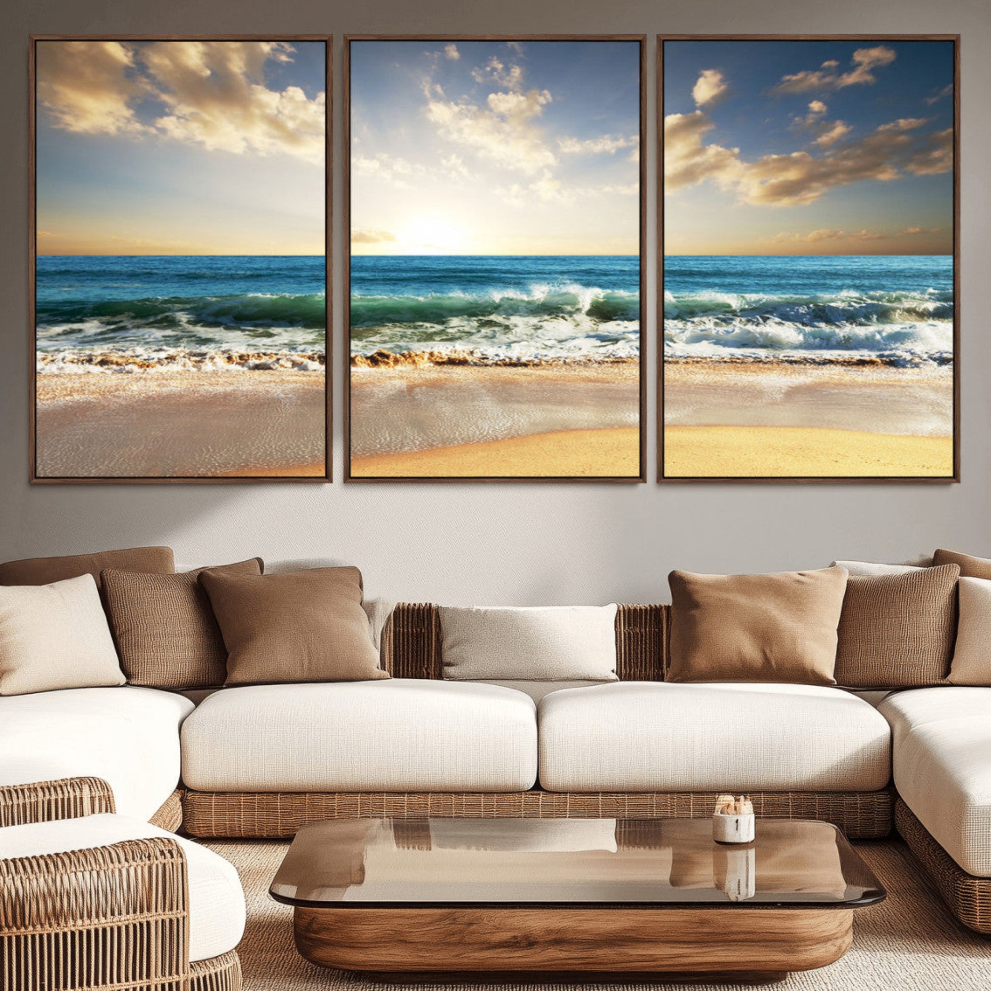 83376-MGV-CV-36X24-Golden Sunset Beach Triptych Canvas Wall Art for Living Room – 3-Panel Ocean View, Framed & Ready to