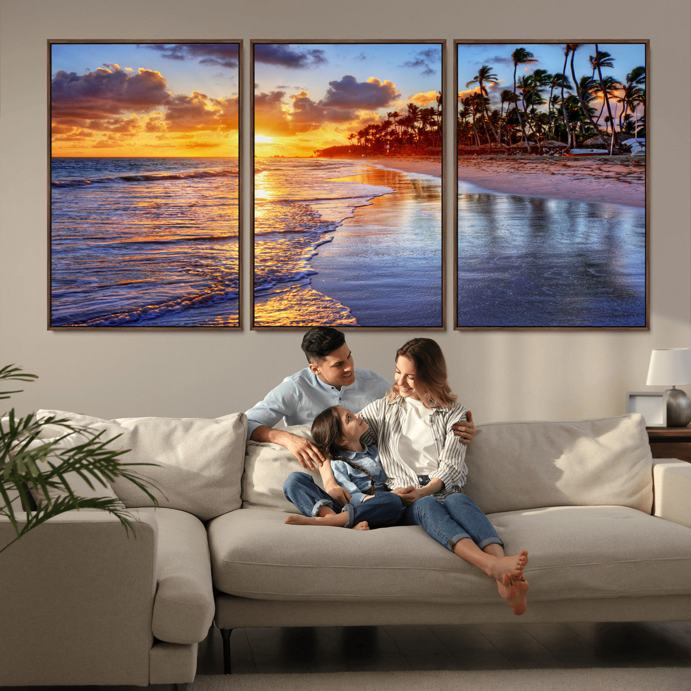 MGV-FC-60X30-3P - Serene Beach Sunset Wall Art Canvas- Coastal Seascape Print for Living Room or Bedroom, Ocean Waves