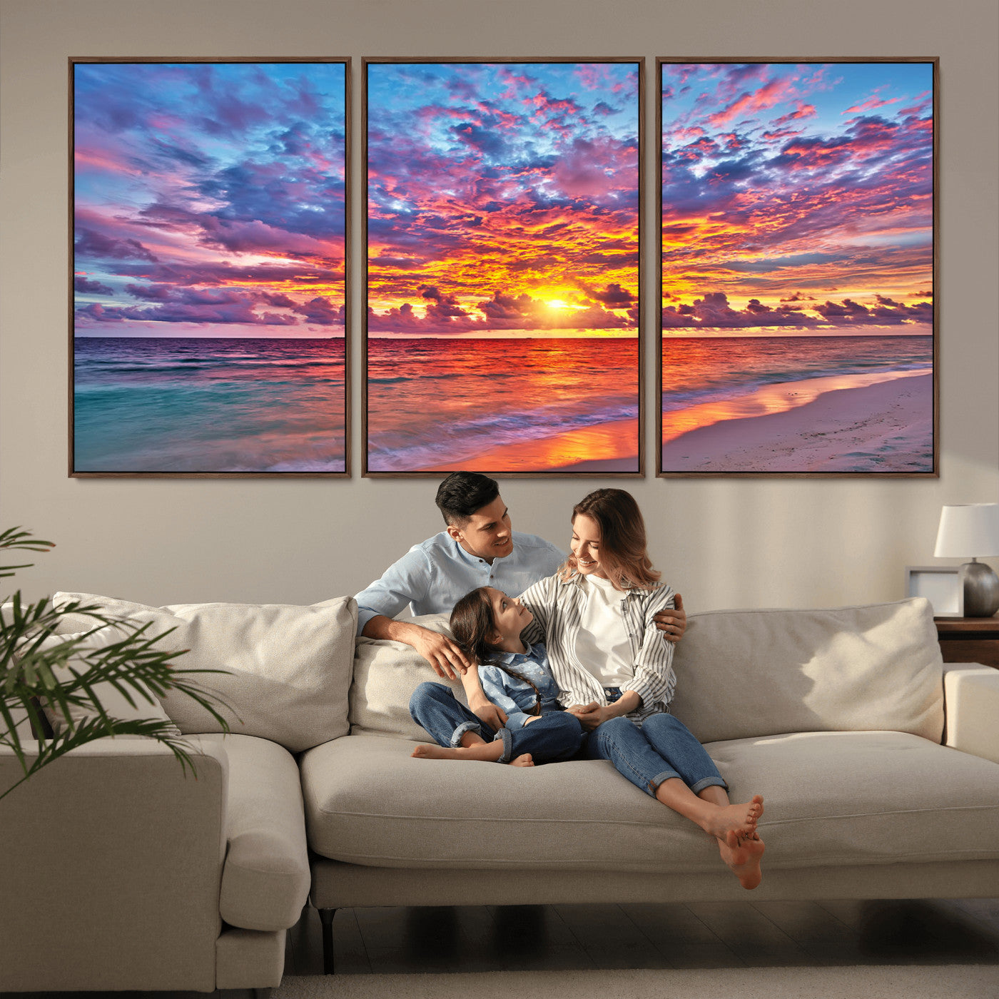 MGV-FC-60X30-3P - Vibrant Sunset Beach Wall Art - Ocean Sunset Canvas Print | Coastal Wall Art Decor Stunning Sunset