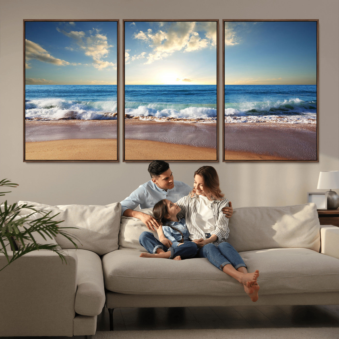 MGV-FC-60X30-3P - Serene Ocean Sunset Canvas Wall Art - Beach Waves at Sunset, Ready to Hang