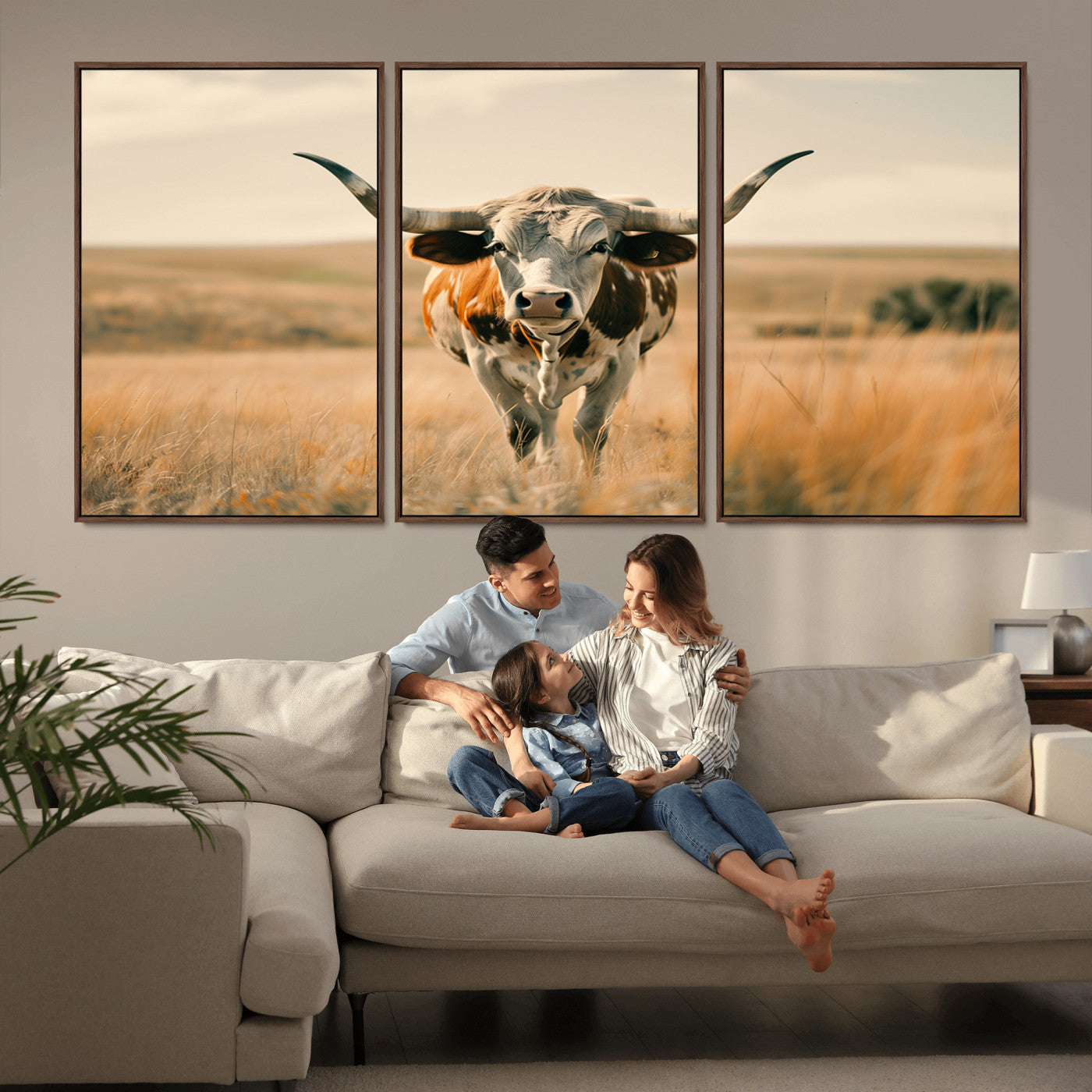 16580-MGV-FC-60X30-3P_Walnut-Texas Cow Longhorn Wall Art Canvas Print for Farm House Wall Decor, Farmhouse Cow Print Canvas Wall Art Print