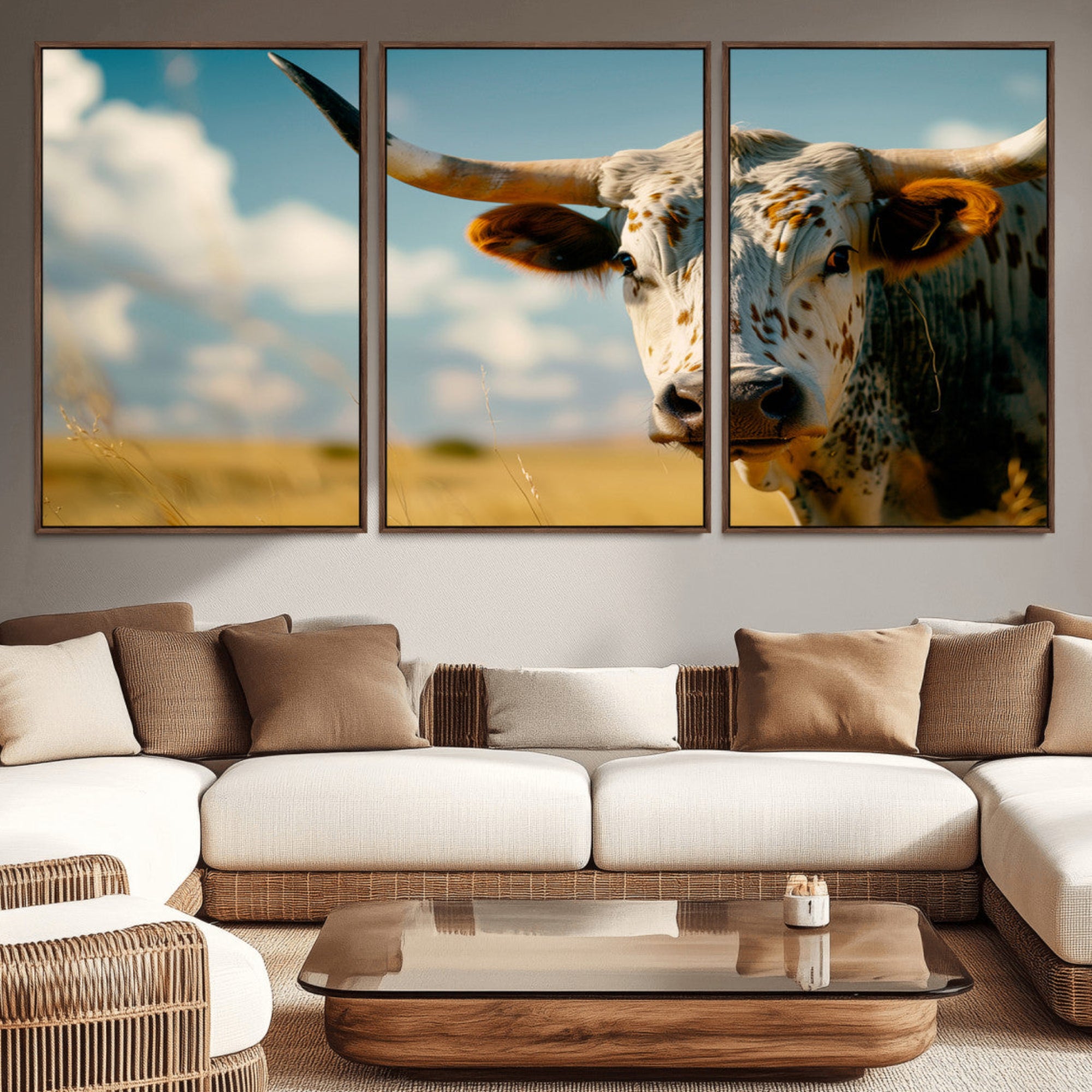 71621-MGV-CV-36X24-Longhorn in the Prairie - Stunning Ranch-Style Triptych Wall Art for Western Home Decor, Cowboy Wall