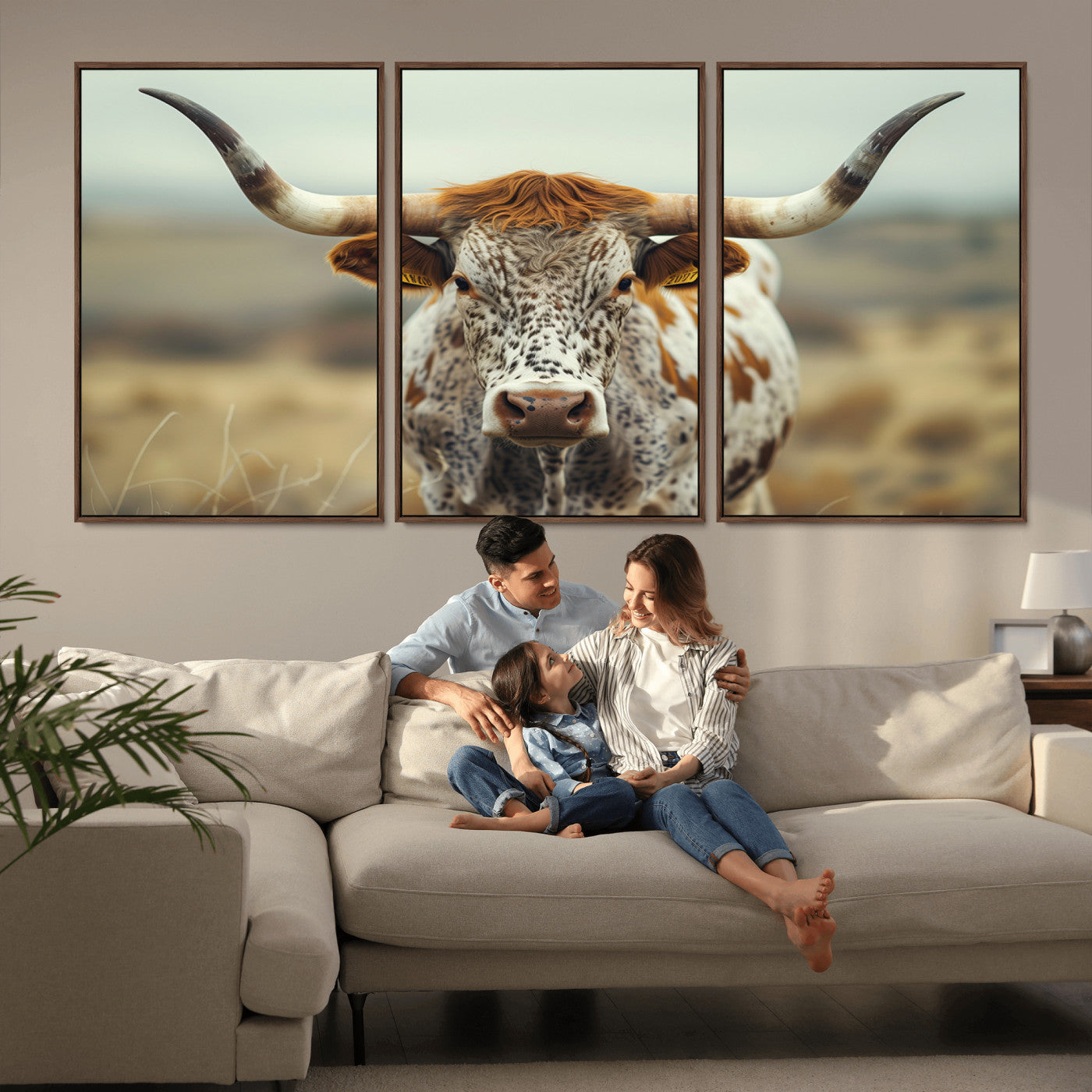 MGV-FC-60X30-3P - Texas Cow Longhorn Wall Art Canvas Print for Farm House Wall Decor, Farmhouse Wall Art Print