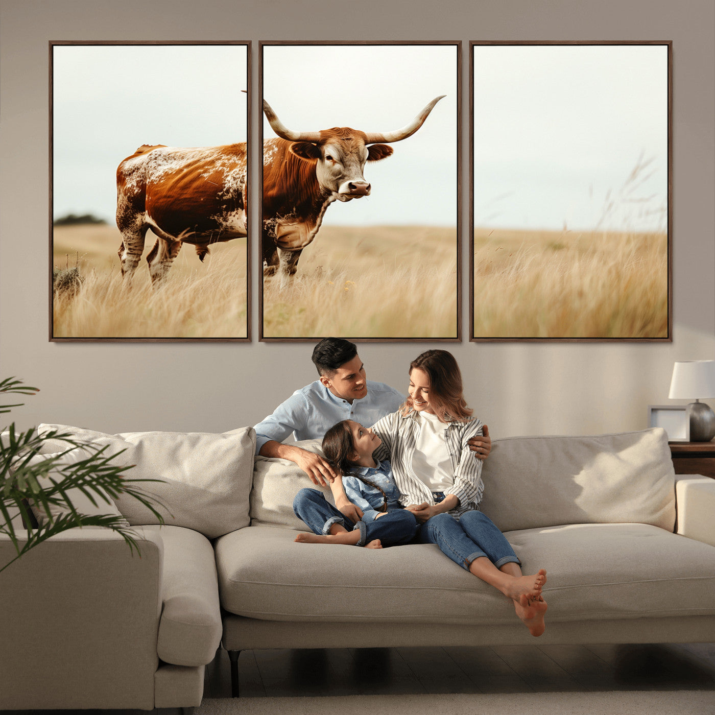 MGV-FC-60X30-3P - Texas Longhorn Canvas Wall Art Print – Majestic Western Cattle in Rustic Farmhouse Decor – Cow Wall