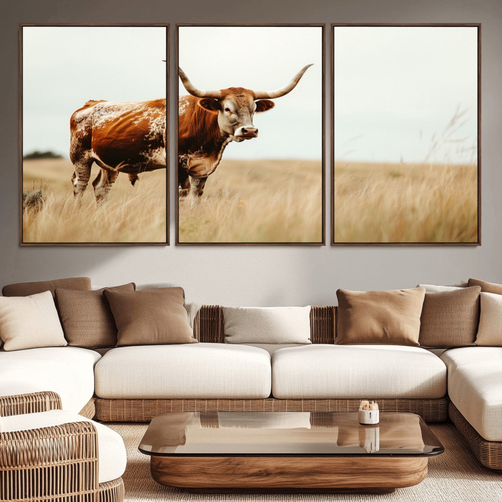62910-MGV-CV-36X24-Texas Longhorn Canvas Wall Art Print – Majestic Western Cattle in Rustic Farmhouse Decor – Cow Wall