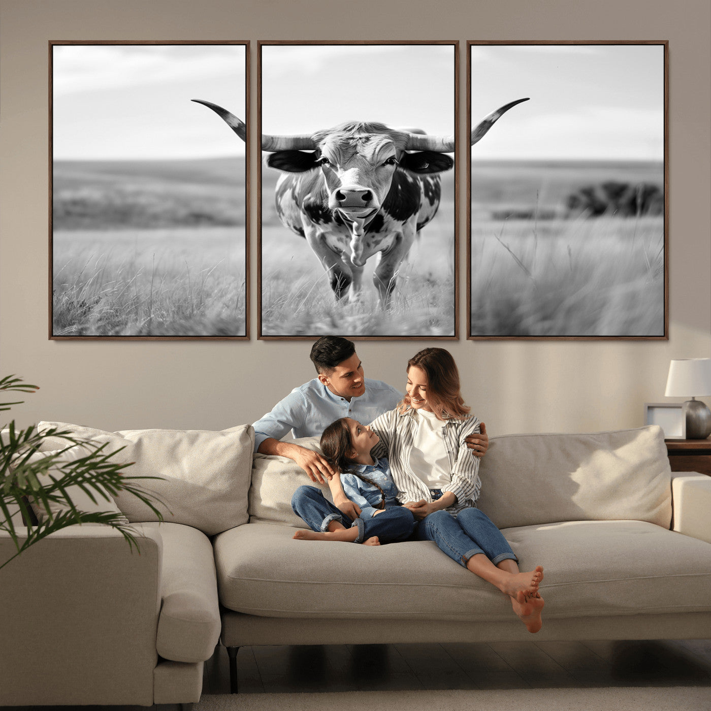 MGV-FC-60X30-3P - Texas Cow Longhorn Wall Art Canvas Print for Farm House Wall Decor, Farmhouse Wall Art Print