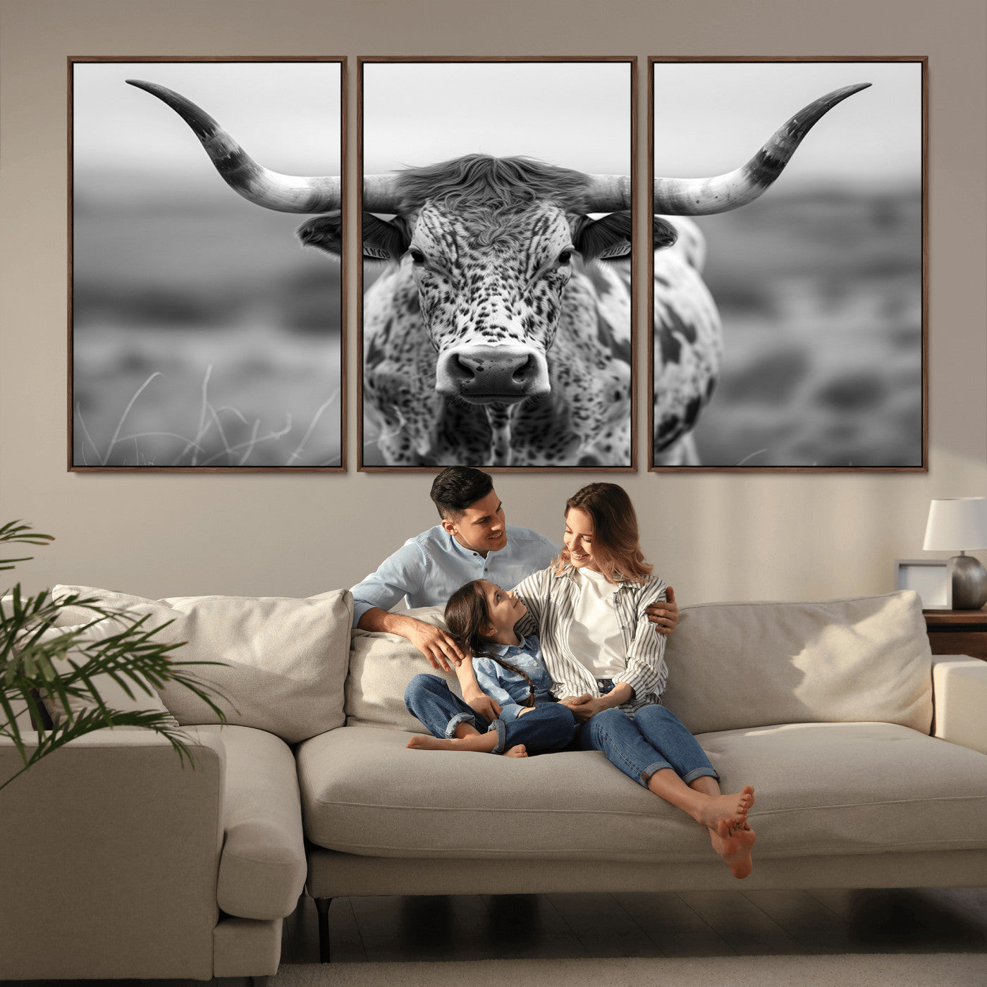 MGV-FC-60X30-3P - Texas Cow Longhorn Wall Art Canvas Print for Farm House Wall Decor, Farmhouse Wall Art Print
