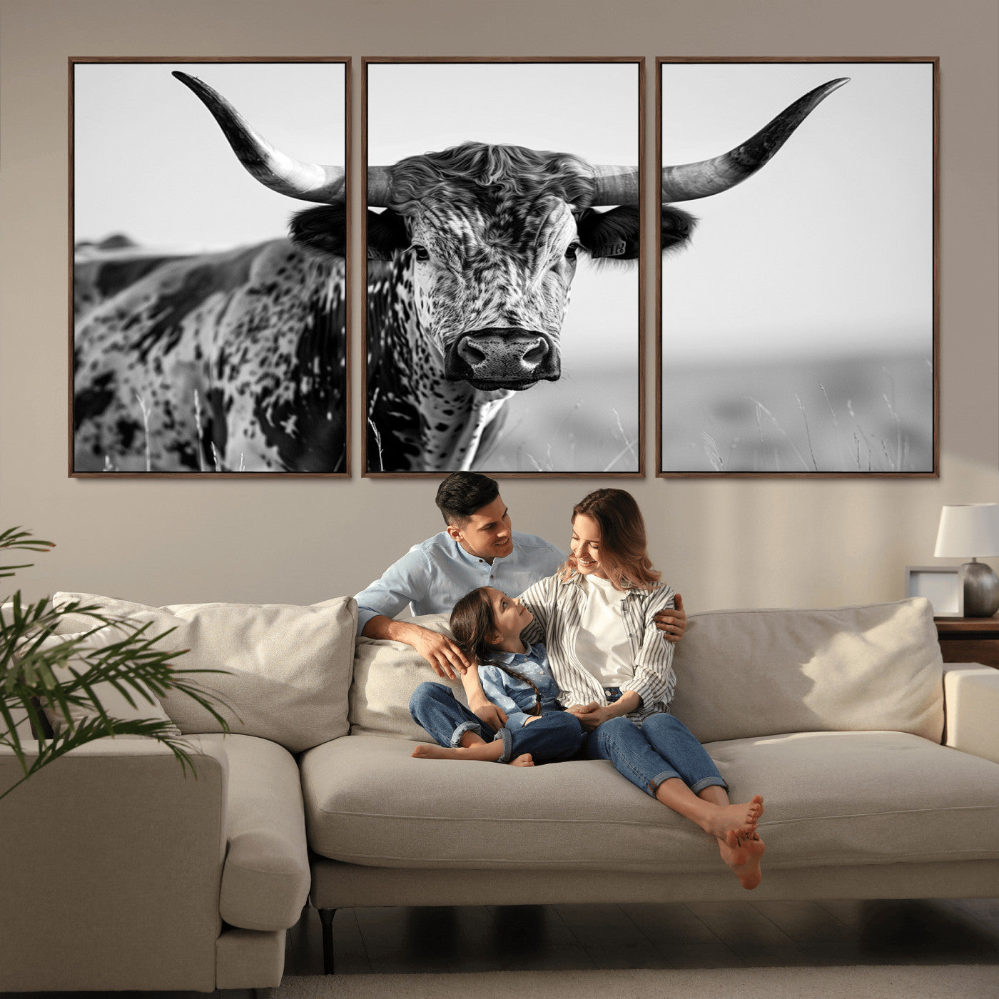 MGV-FC-60X30-3P - Texas Highland Cow Longhorn Canvas Print - Rustic Farmhouse Wall Art - Large Texas Longhorn