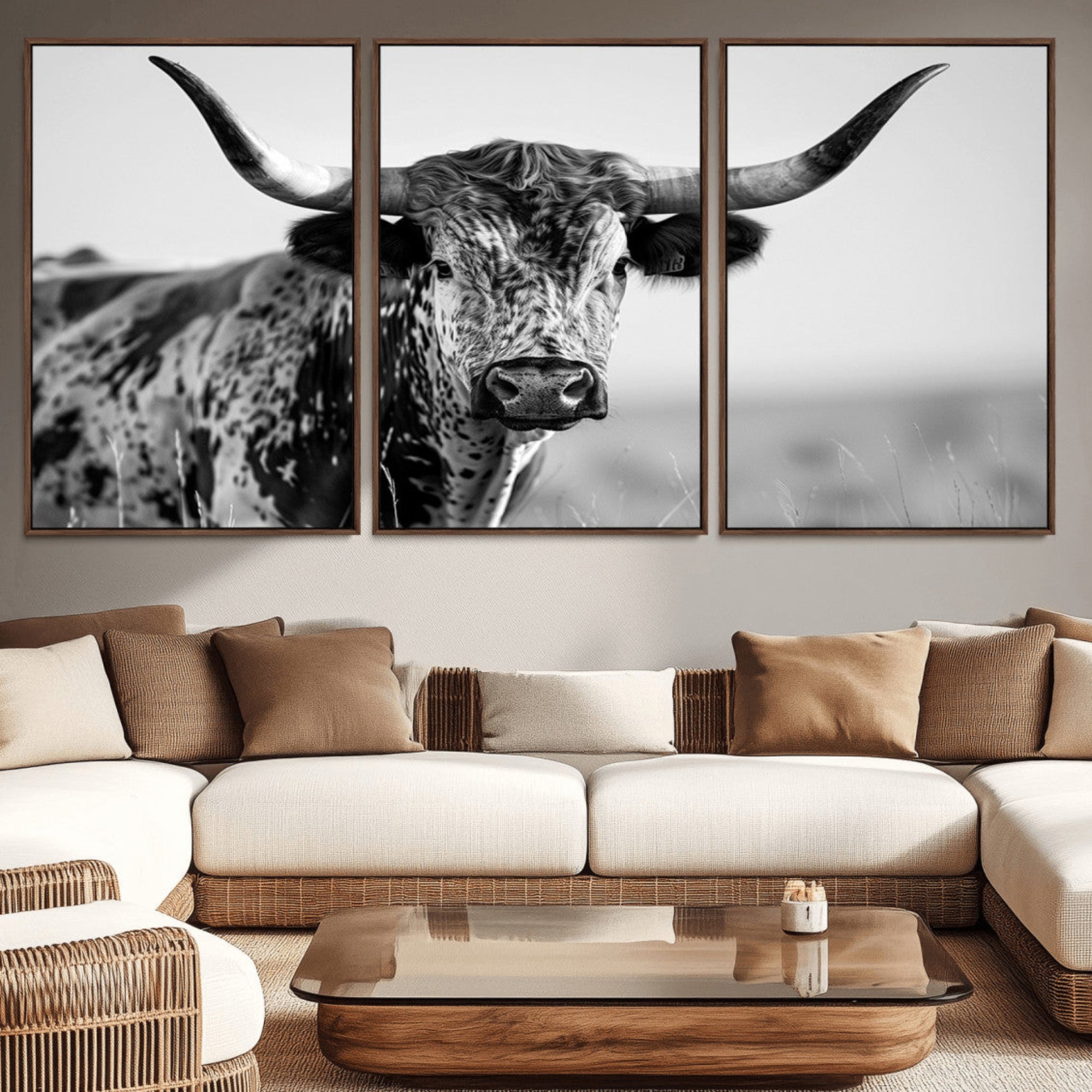 89724-MGV-CV-36X24-Texas Cow Longhorn Wall Art Canvas Print in Black and White – Framed, Ready to Hang