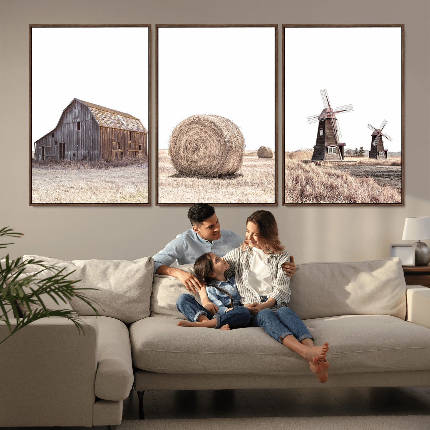 94971-MGV-FC-60X30-3P_Walnut-Farm Prints Set, Set of 3 Farmhouse Wall Art, Country House Decor