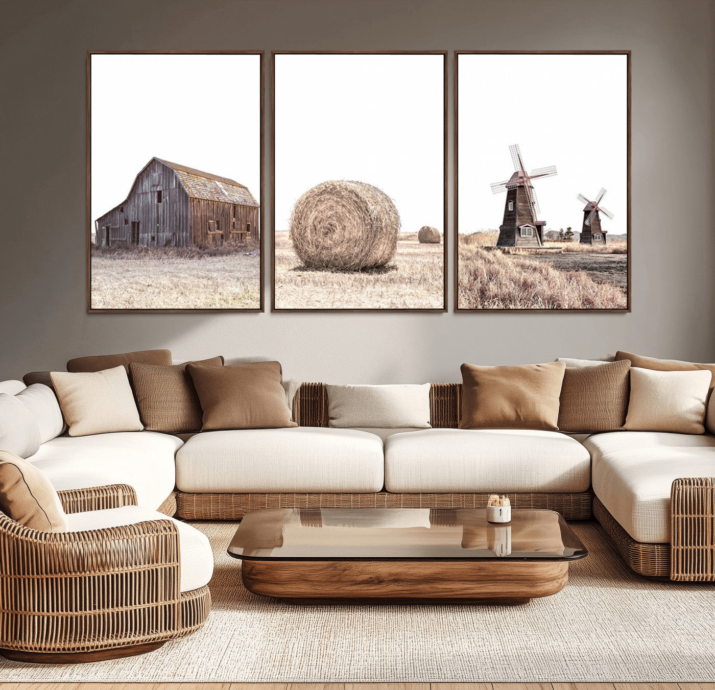 MGV-FC-60X30-3P - Farm Prints Set, Set of 3 Farmhouse Wall Art, Country House Decor, Barn Print, Wheat Print,