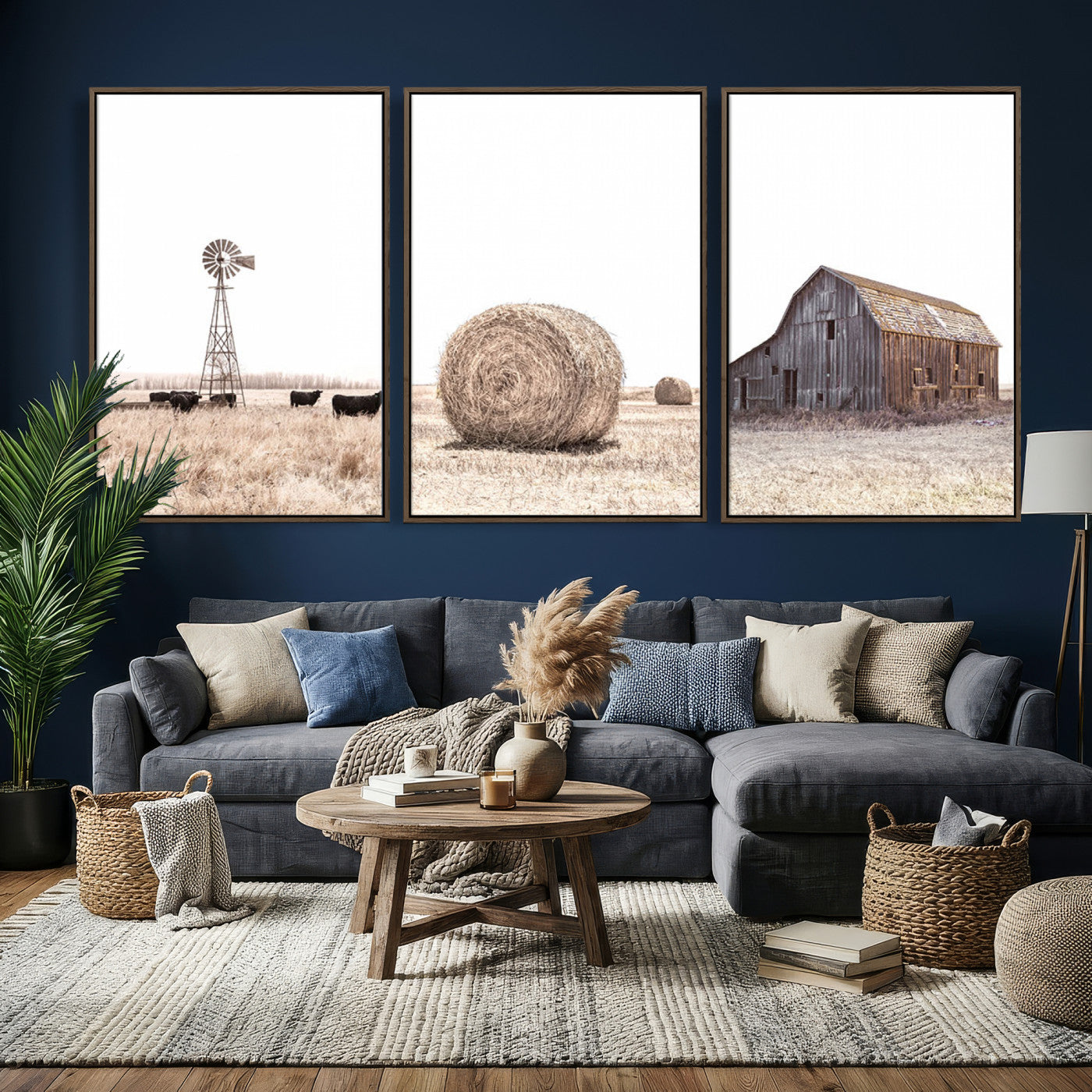30918-MGV-CV-60X30-3P - Rustic Farmhouse Wall Art Set of 3 – Country Barn and Wheat Field | Farm Prints for Country Home and