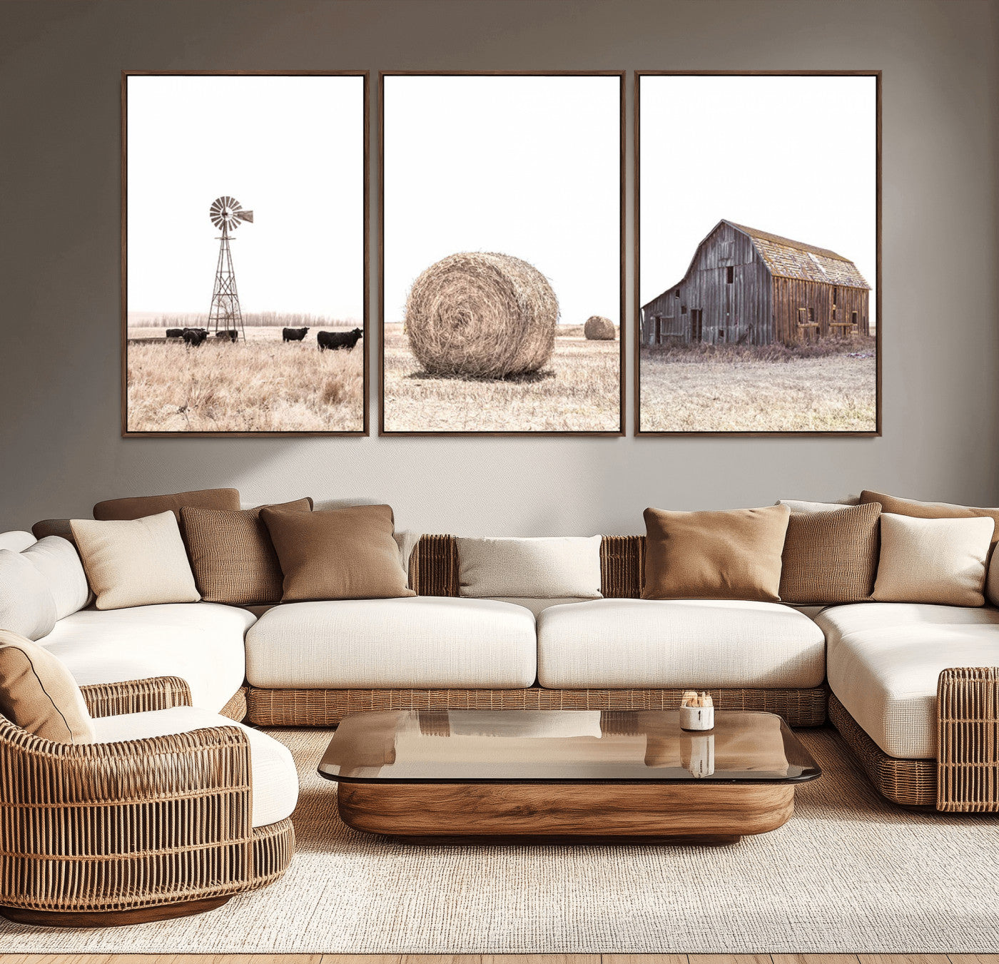 MGV-FC-60X30-3P - Rustic Farmhouse Wall Art Set of 3 – Country Barn and Wheat Field | Farm Prints for Country Home and