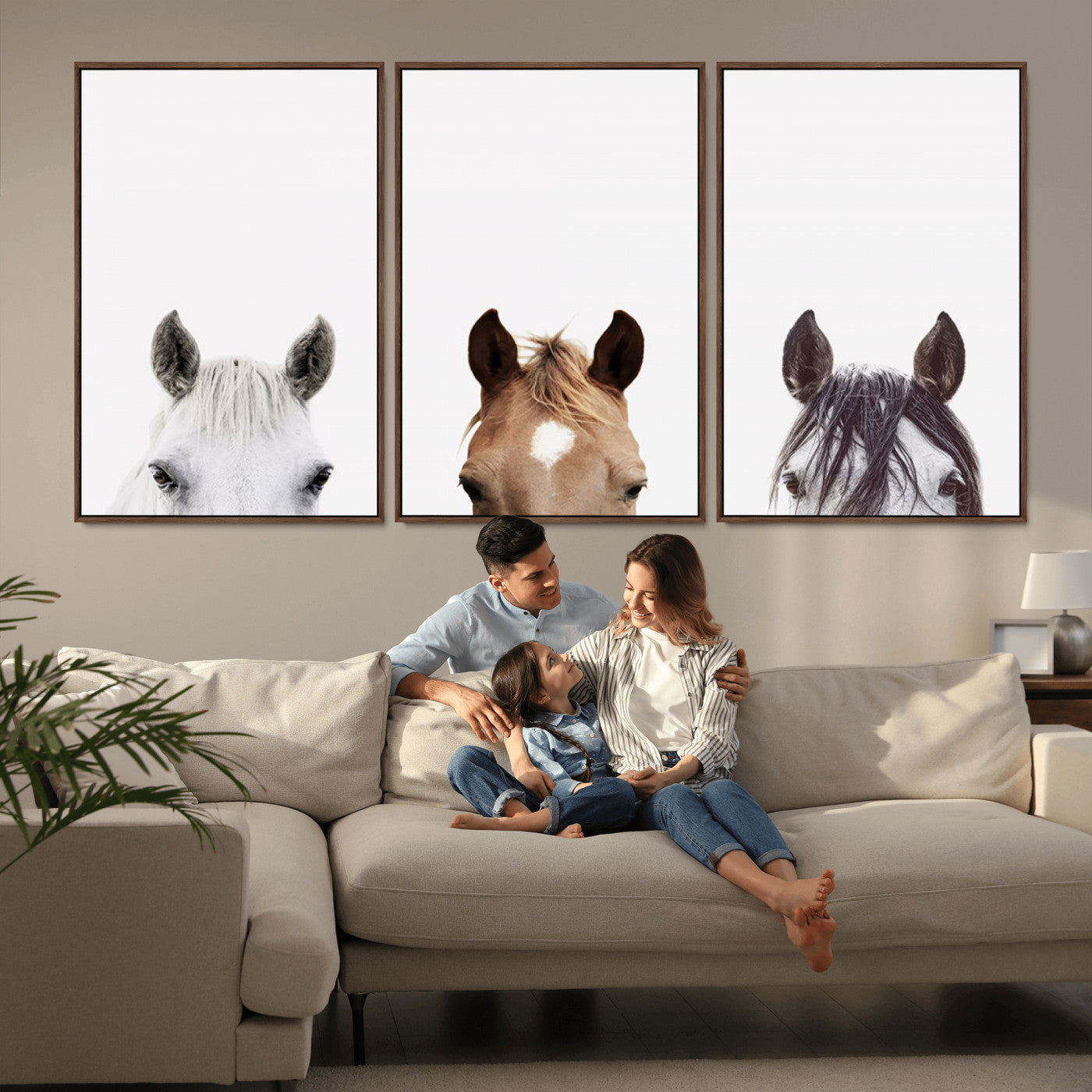 59160-MGV-FC-60X30-3P_Walnut-Horse Prints Set, Set of 3 Horse Wall Art, Horses Portraits, Farmhouse Wall Art, Farm Animals Canvas, Animals Portraits Set, Horse Poster