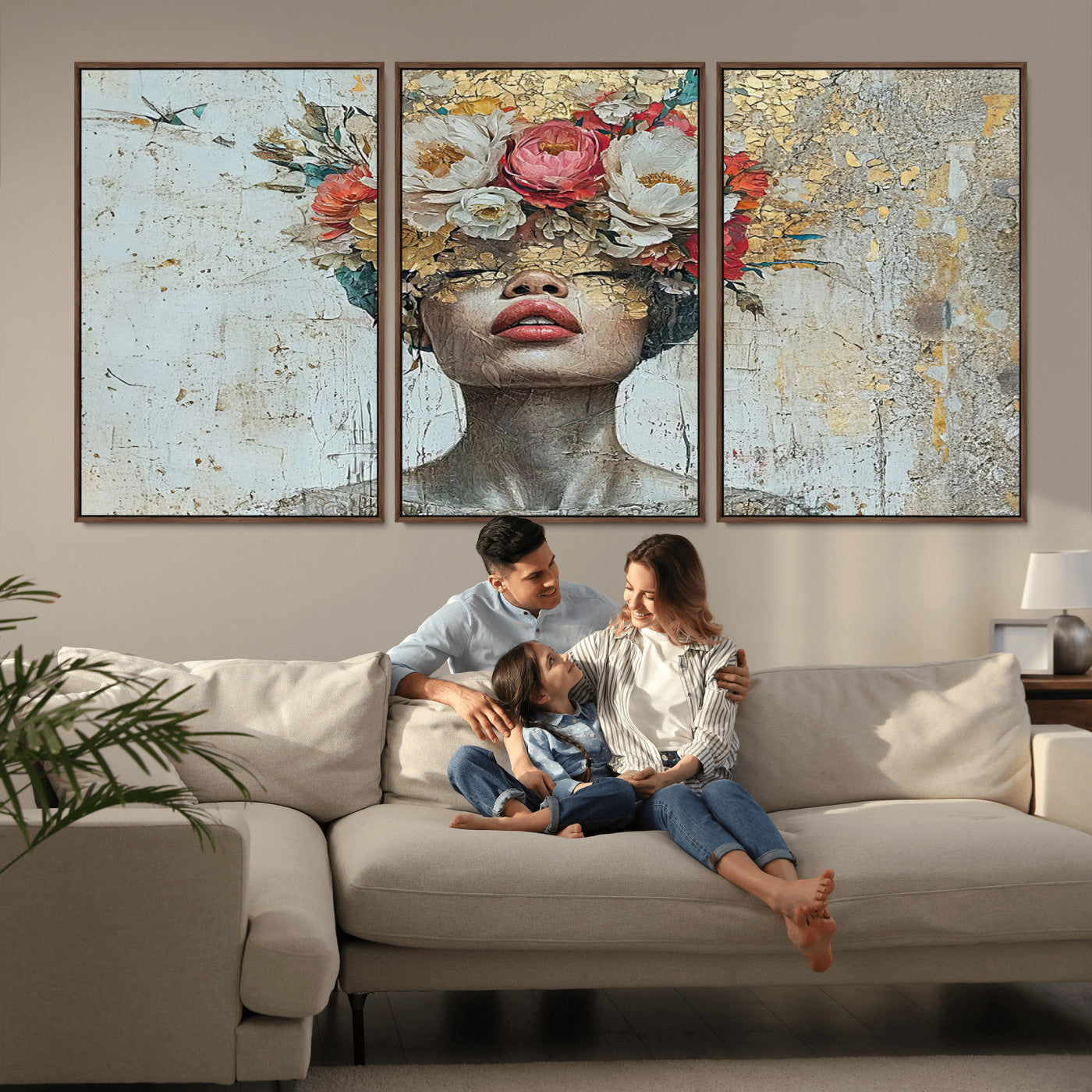MGV-FC-60X30-3P - Golden Petal Wall Art Canvas Print - Silhouette Woman Wall Art Canvas Print, Floral Woman Portrait