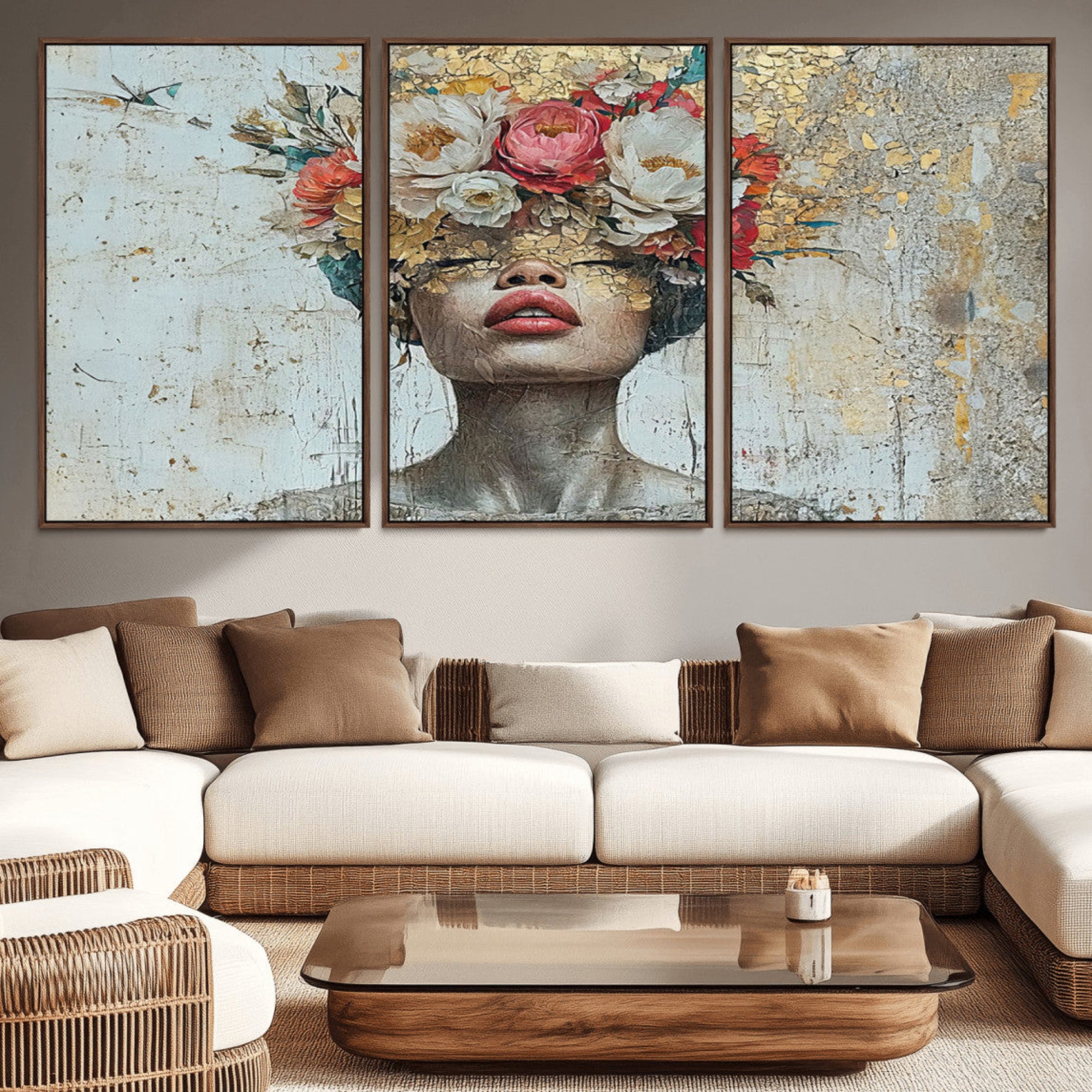 26919-MGV-CV-36X24-Golden Petal Wall Art Canvas Print - Silhouette Woman Wall Art Canvas Print, Floral Woman Portrait