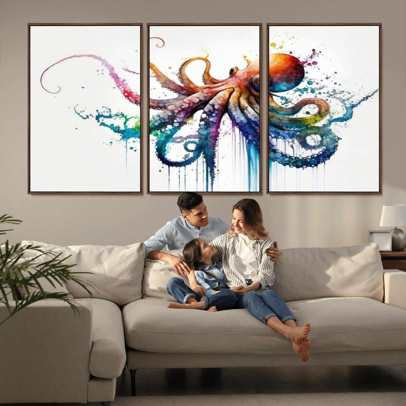 MGV-FC-60X30-3P - Watercolor Vibrant Octopus Wall Art Canvas Print | Abstract Sea Life Art | Colorful Marine Creature
