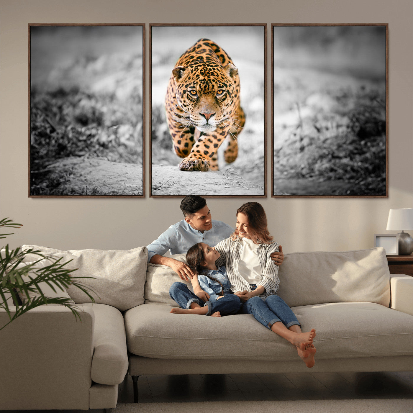 MGV-FC-60X30-3P - Jaguar Wall Art Canvas Print - Majestic Big Cat in Focused Pursuit - Ready to Hang