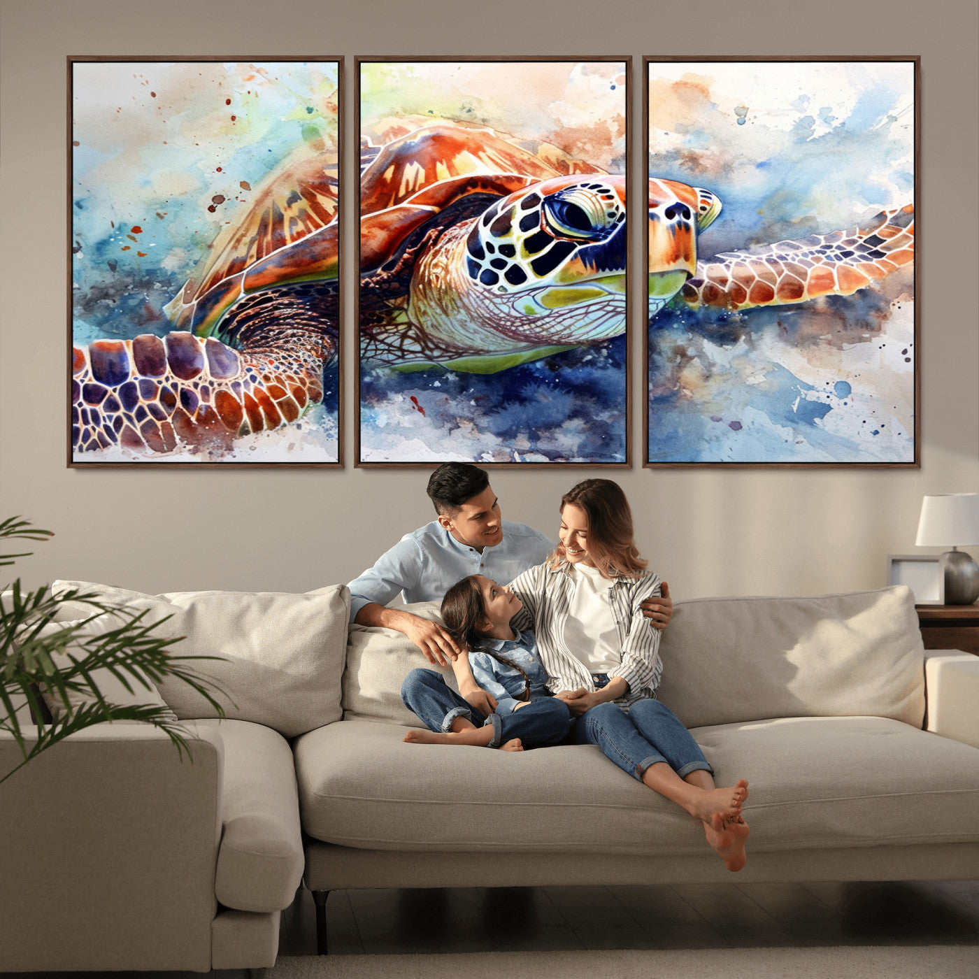 MGV-FC-60X30-3P - Watercolor Sea Turtle Wall Art Canvas Print - Vibrant Ocean Colors in Watercolor Style - Ready to