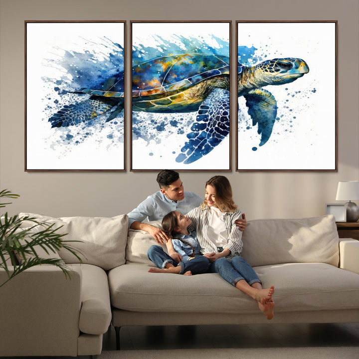 A living room features an eco-friendly inks sea turtle art print from [Keyword] Canvas Wall Art.