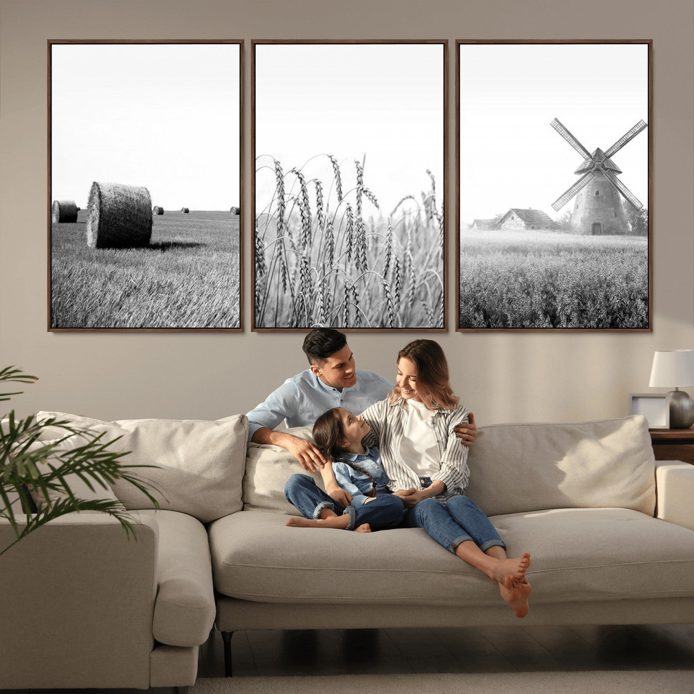 MGV-FC-60X30-3P - Vintage Farmhouse Black and White Triptych Wall Art – Giclee Canvas Featuring Wheat Fields, Hay