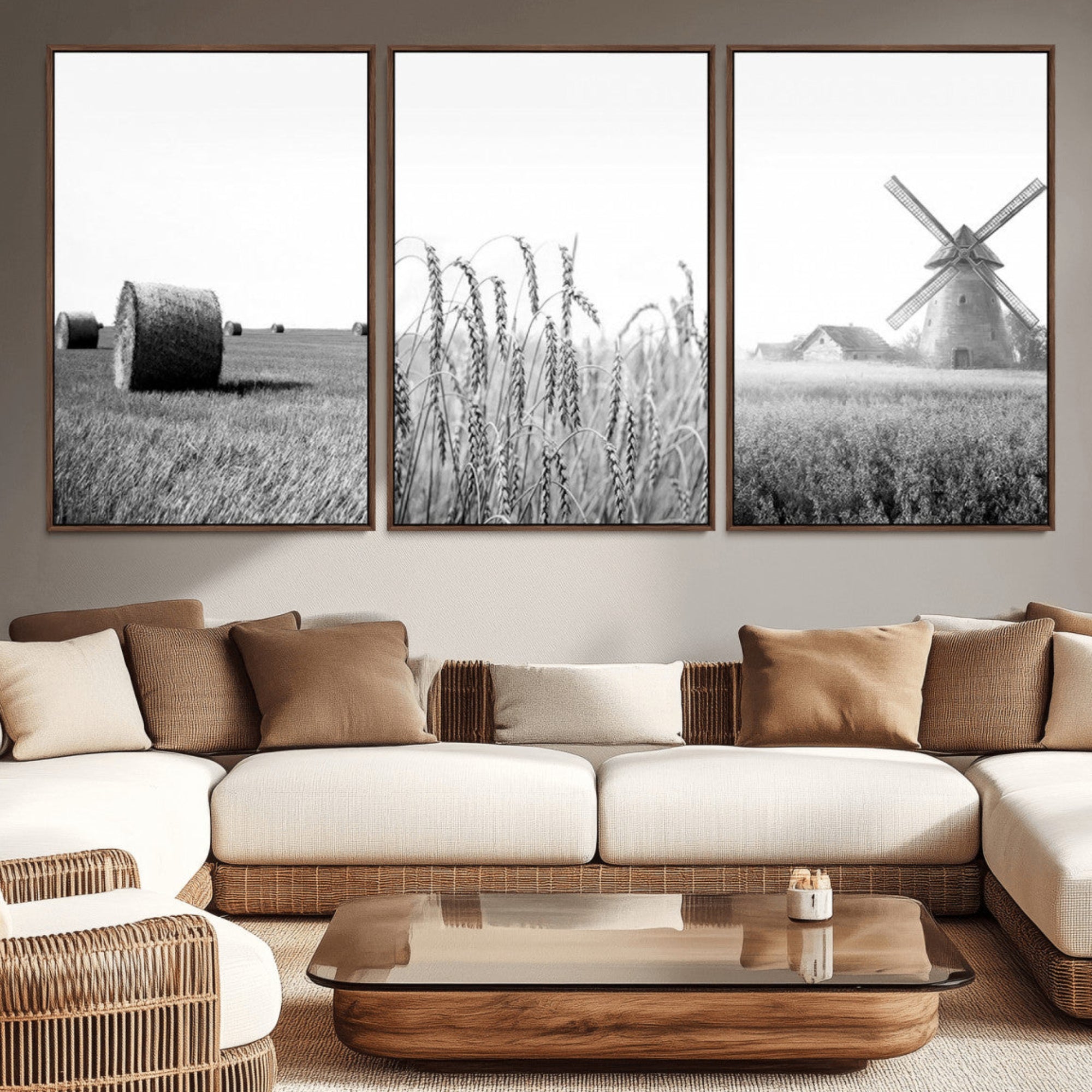 89390-MGV-CV-36X24-Vintage Farmhouse Black and White Triptych Wall Art – Giclee Canvas Featuring Wheat Fields, Hay