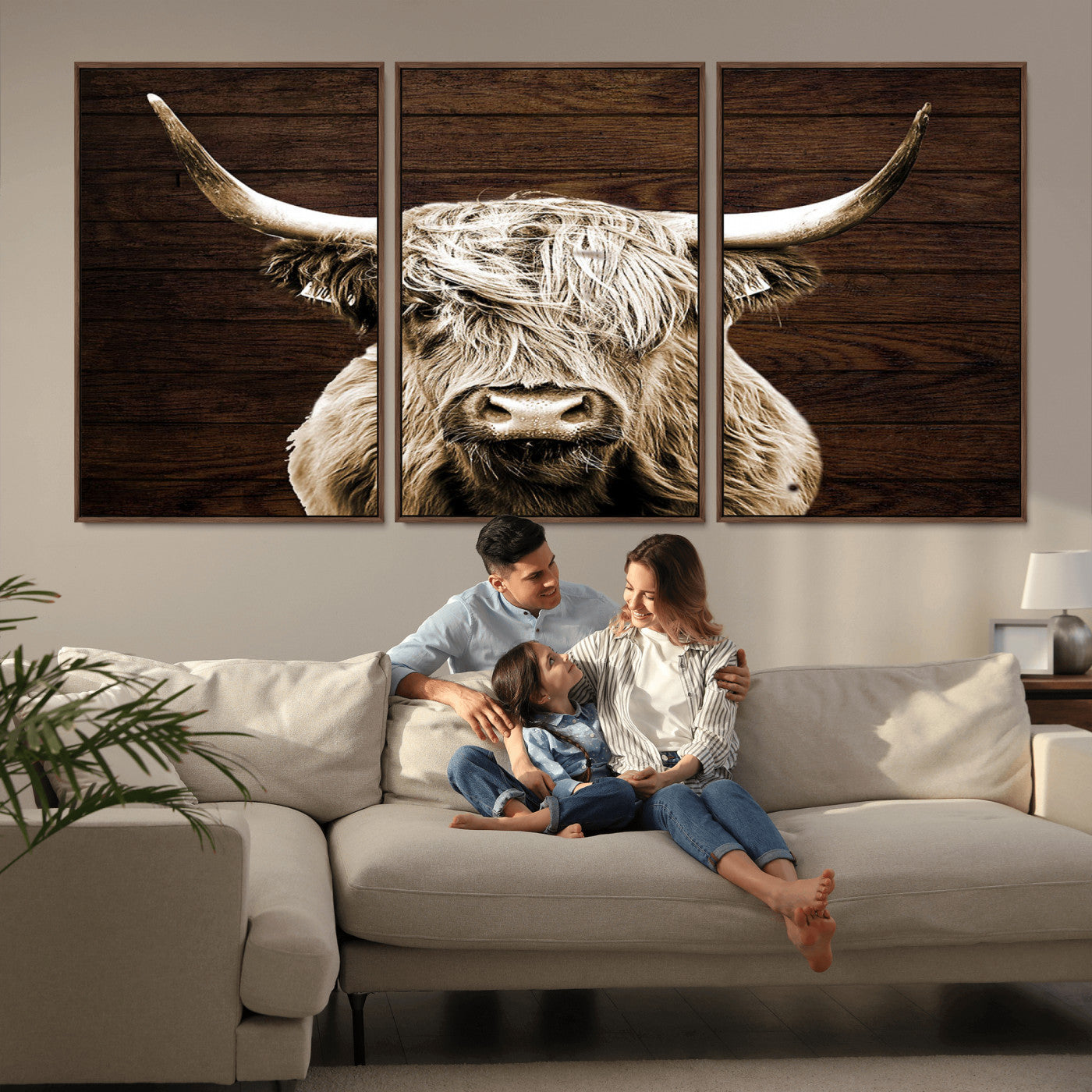 MGV-FC-60X30-3P - Highland Cow Wall Art Canvas Print, Rustic Farmhouse Decor, Majestic Scottish Highland Bull Portrait