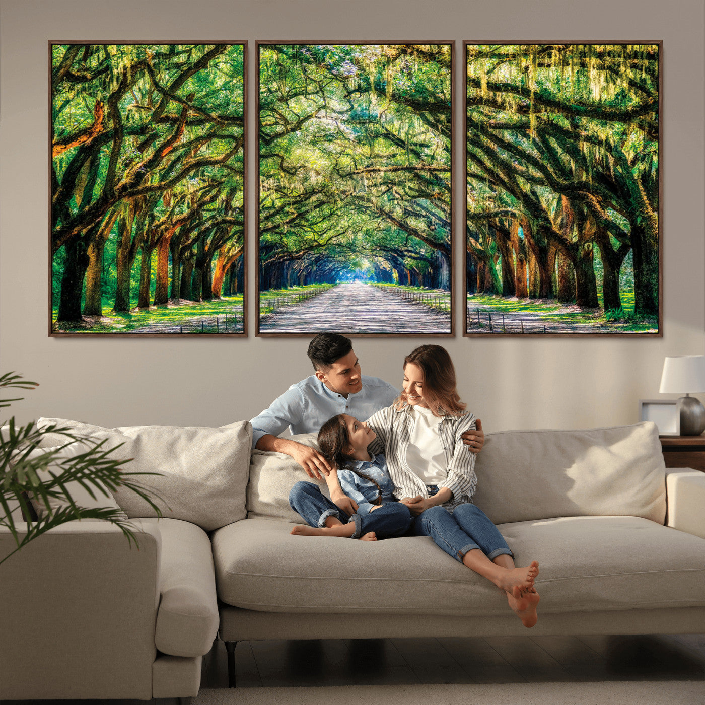 MGV-FC-60X30-3P - Serene Tree Tunnel Wall Art Canvas Print – Pathway Under Canopy of Lush Green Trees, Nature-Inspired