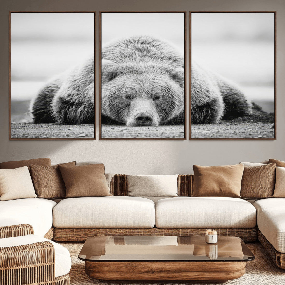 Resting Grizzly Bear Wall Art Canvas Print, Majestic Black and White Wildlife Bear Art
