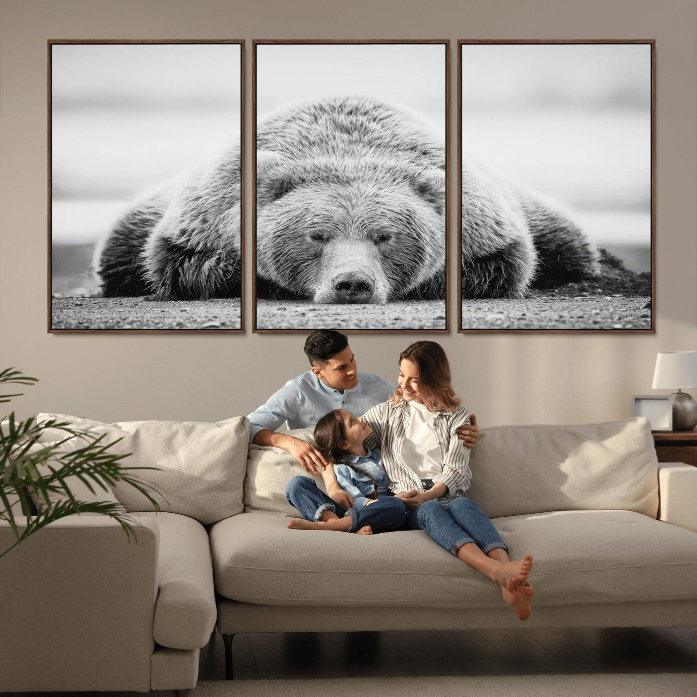 MGV-FC-60X30-3P - Resting Grizzly Bear Wall Art Canvas Print – Majestic Lazy Black and White Wildlife Bear Art,