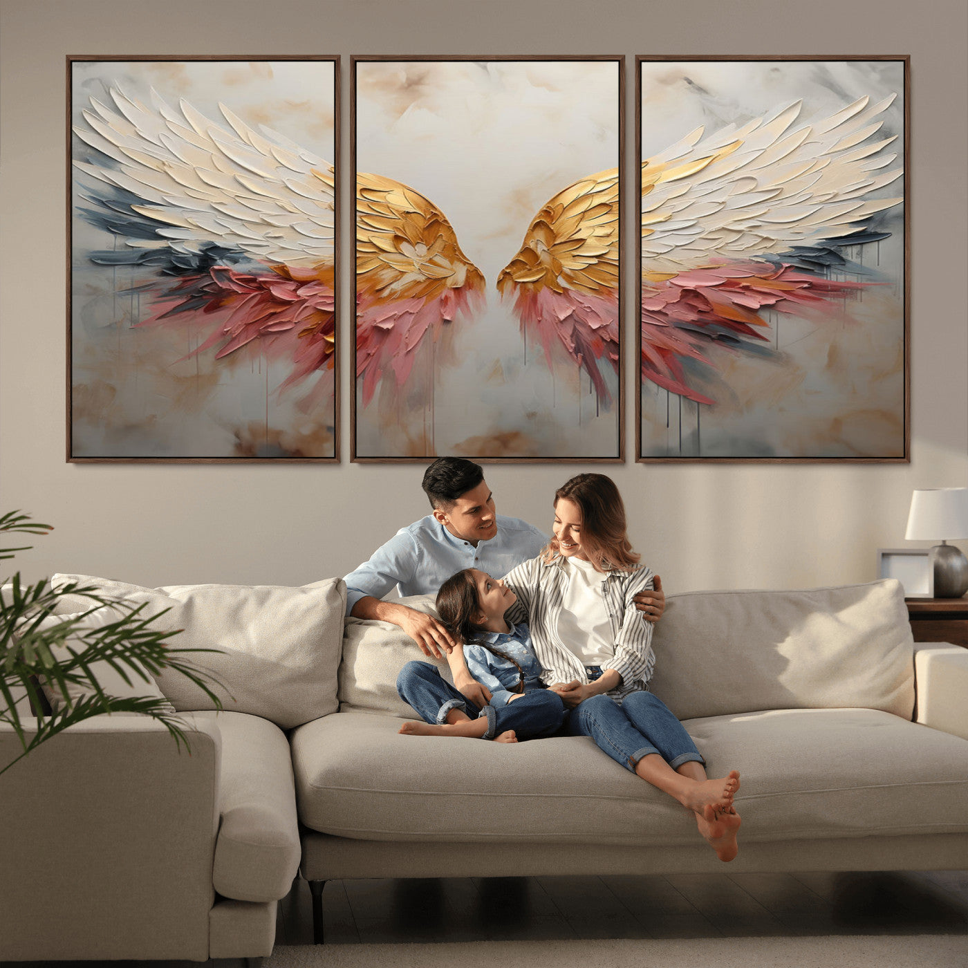MGV-FC-60X30-3P - Golden Angel Wings Wall Art Canvas Print – Stunning Abstract Winged Art for Elegant Home Decor –