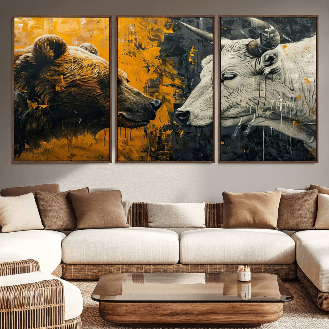 Bear and Bull Wall Art Canvas Print, Abstract Animal Portrait for Modern Home Decor