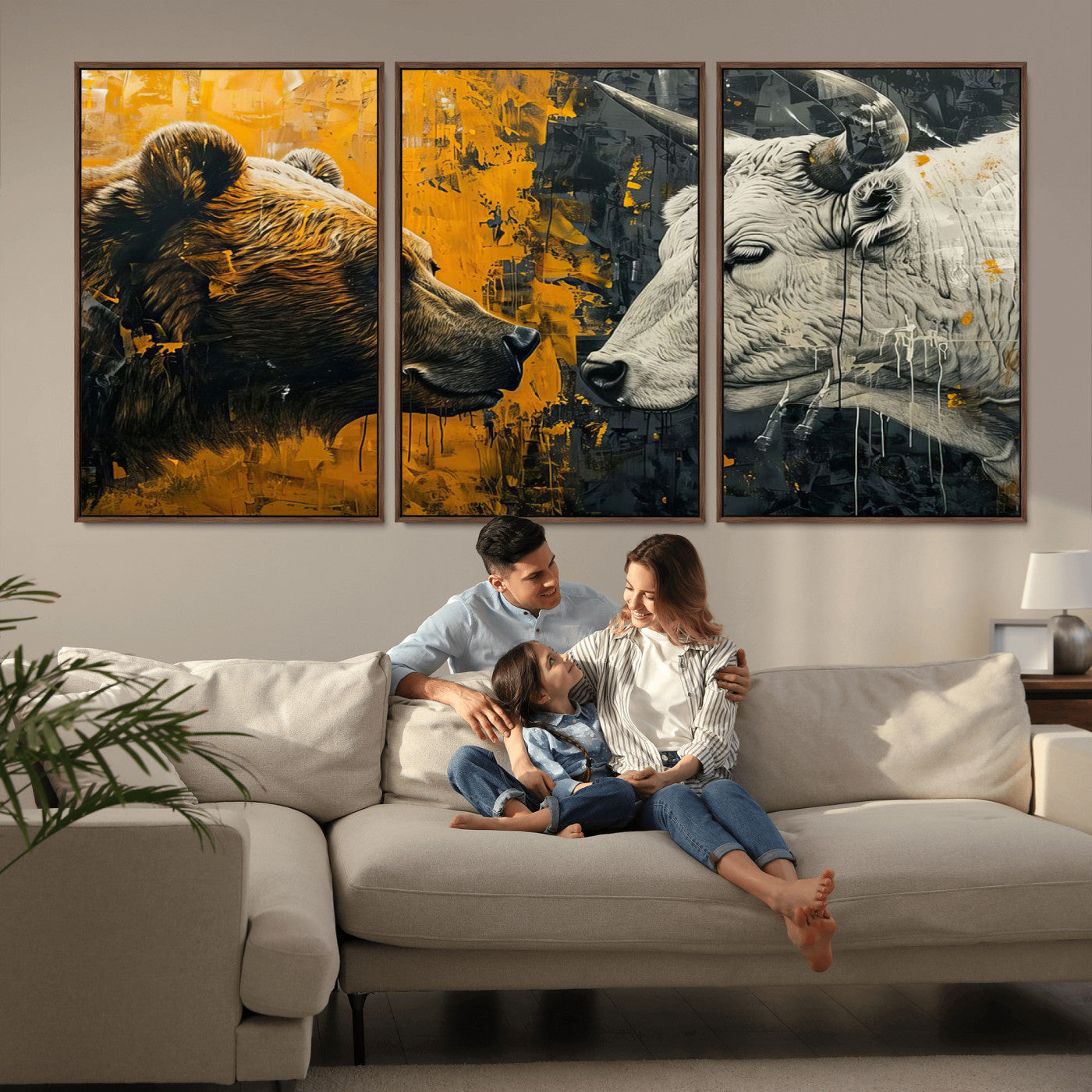 MGV-FC-60X30-3P - Bear and Bull Wall Art Canvas Print – Abstract Animal Portrait Painting for Modern Home Decor –