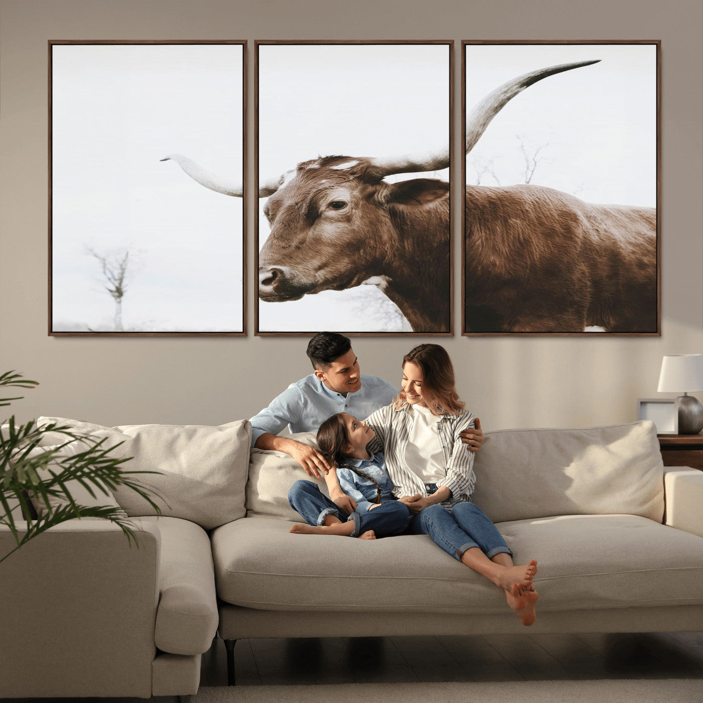MGV-FC-60X30-3P - Rustic Bull Wall Art Canvas Print – Modern Longhorn Farmhouse Animal Decor – Abstract Farm Cow