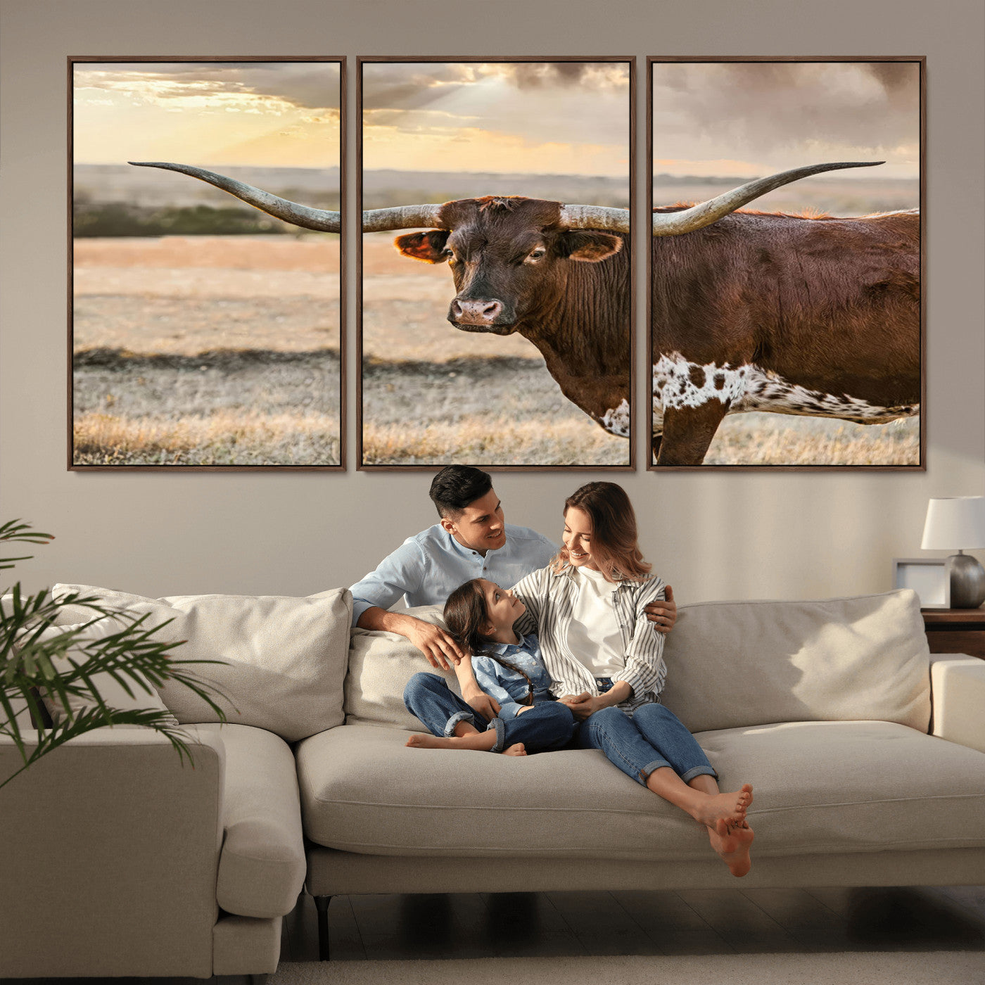 MGV-FC-60X30-3P - Texas Longhorn Wall Art Canvas Print, Rustic Ranch Decor, Majestic Western Longhorn Cattle