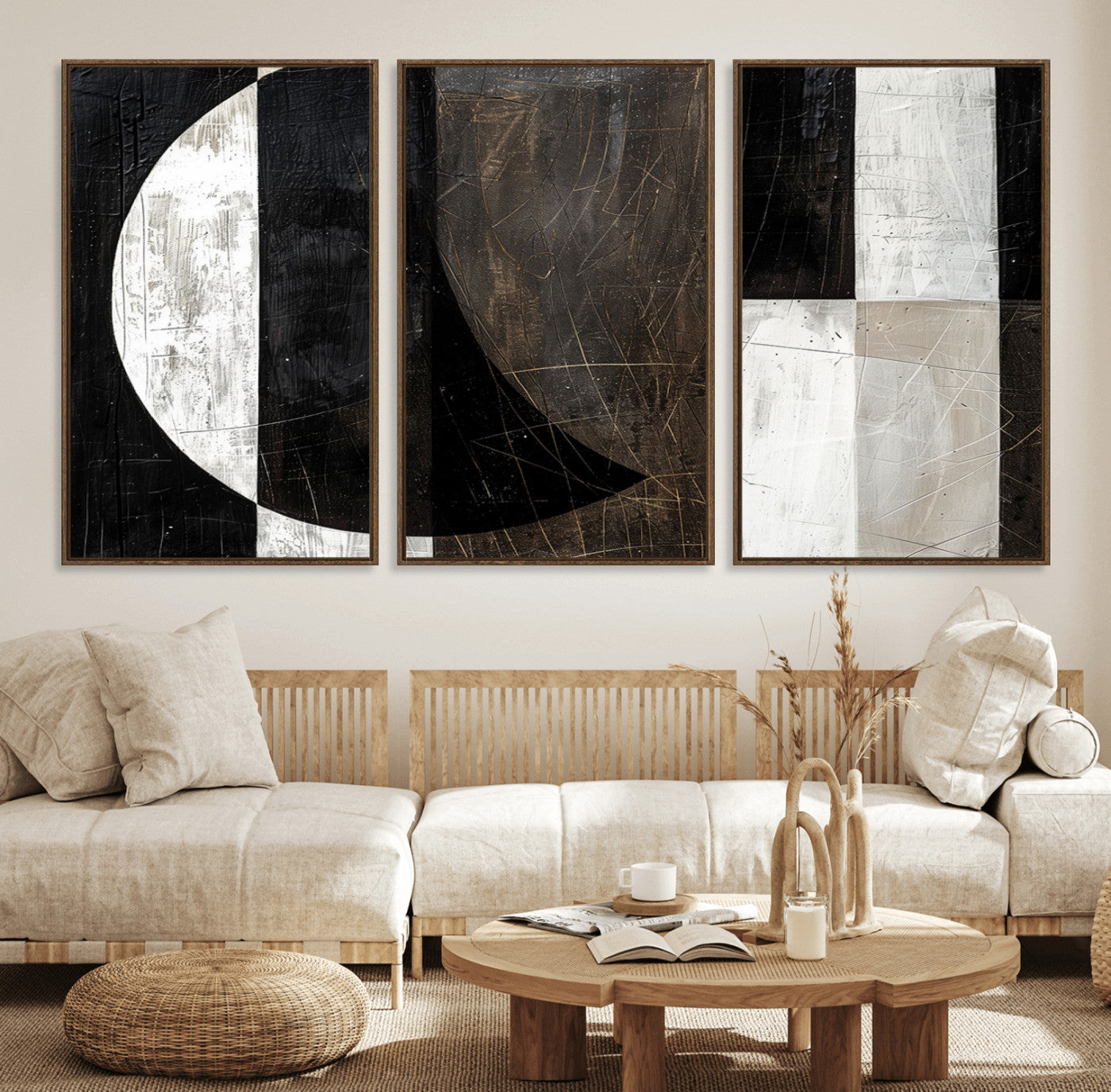 47880-MGV-FC-60X30-3P - Abstract Modern Wabi Sabi Wall Art Canvas Print Set – Minimalist Mid-Century Contemporary Artwork for Home, Office