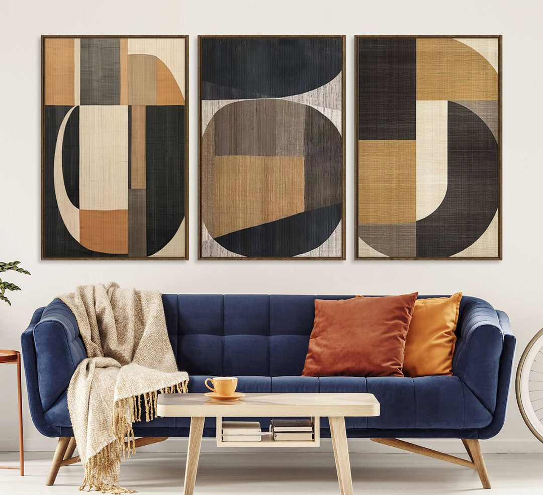 Framed Wabi Sabi Art Print: A modern minimalist geometric canvas featuring earthy tones and overlapping rounded shapes. Ready to hang.