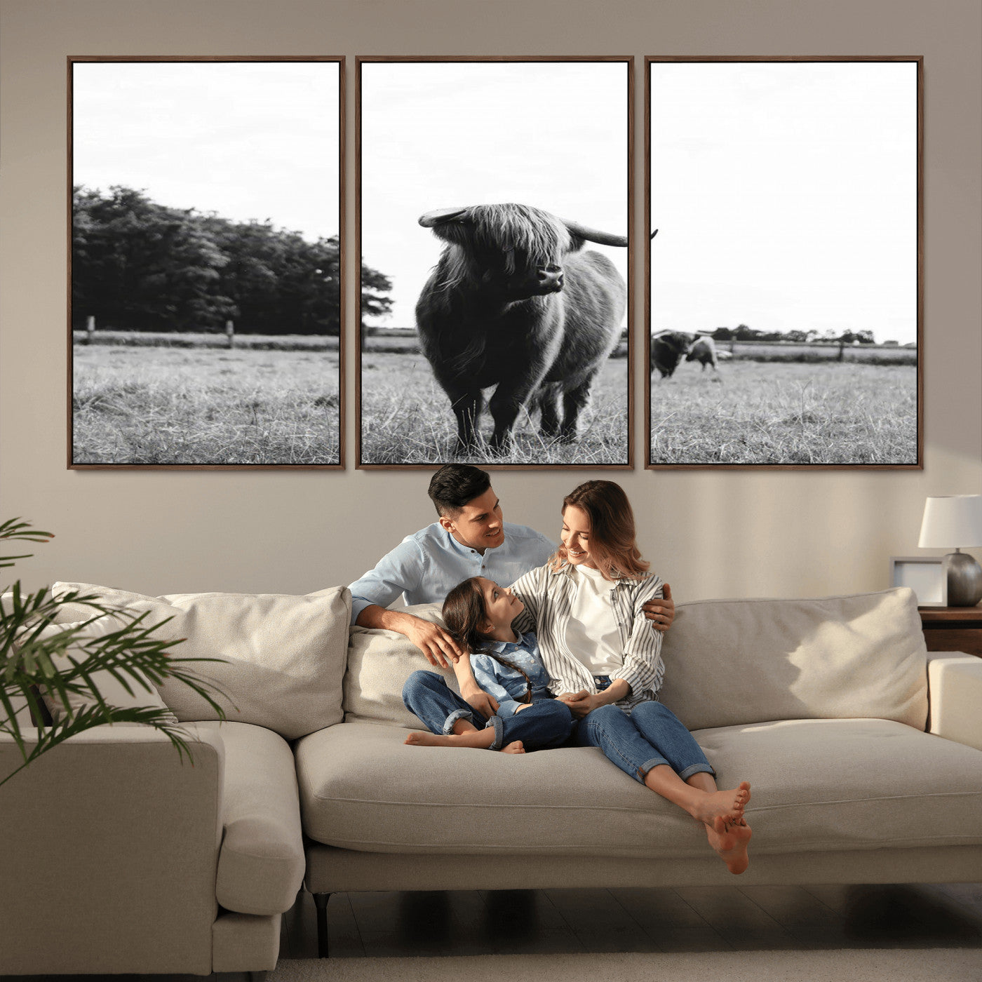 MGV-FC-60X30-3P - Black and White Highland Cow Wall Art Canvas Print | Rustic Western Decor for Living Room or Office,