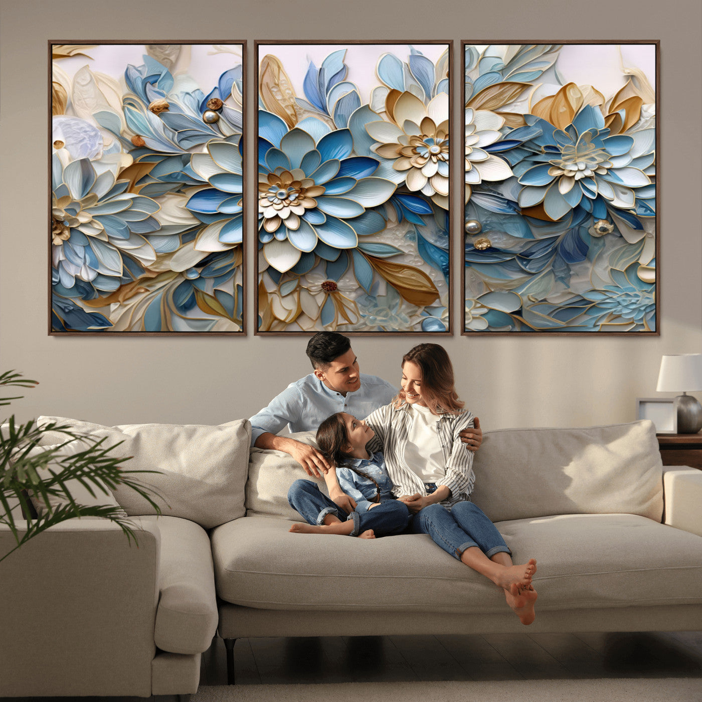 MGV-FC-60X30-3P - Blu Abstract Flower Wall Art Canvas Print