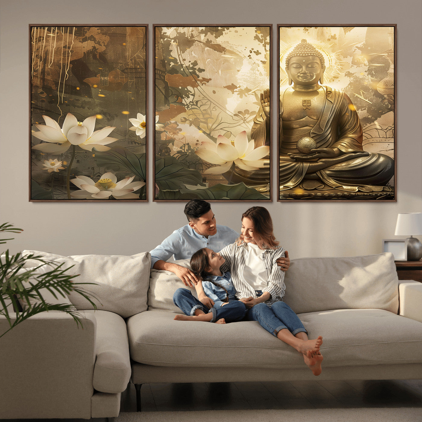 MGV-FC-60X30-3P - Zen Buddha Wall Art Canvas Print | Peaceful Meditation Decor with Lotus Flowers | Spiritual Serenity