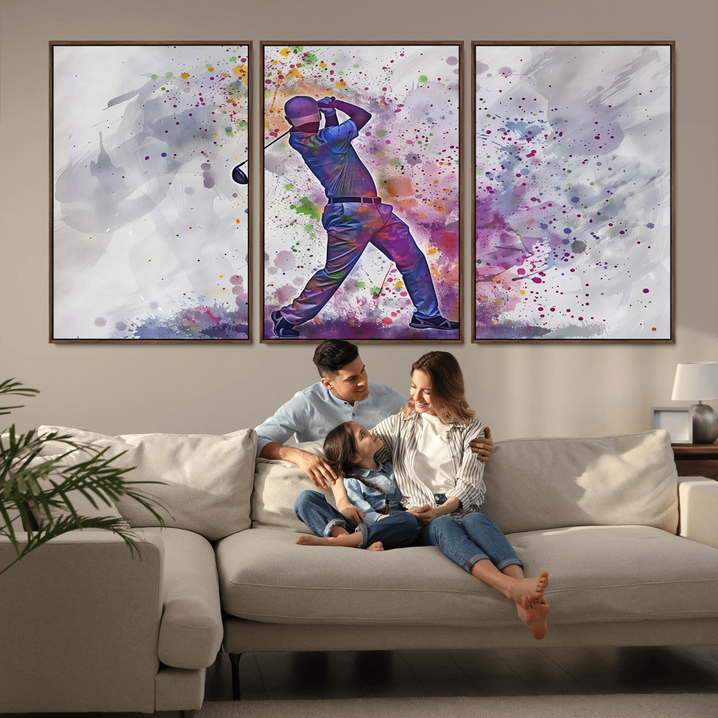 MGV-FC-60X30-3P - Watercolor Golf Swing Wall Art Canvas Print | Vibrant Abstract Golf Player Silhouette |