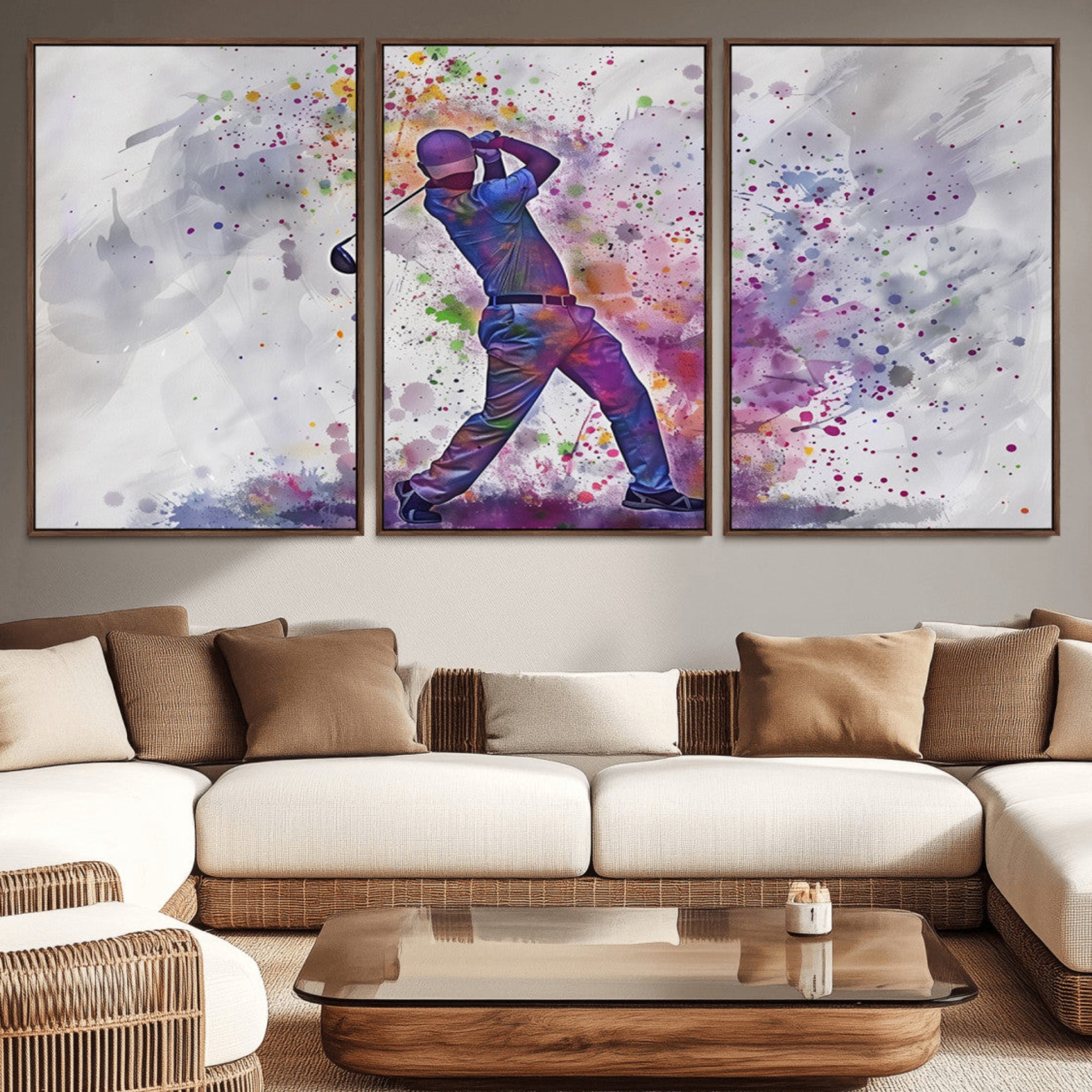 60116-MGV-CV-36X24-Watercolor Golf Swing Wall Art Canvas Print | Vibrant Abstract Golf Player Silhouette |