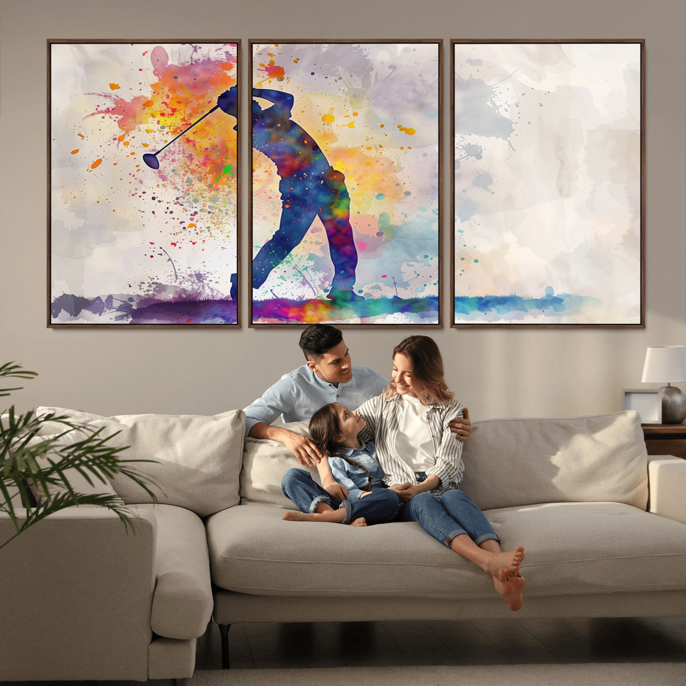 MGV-FC-60X30-3P - Watercolor Golf Swing Wall Art Canvas Print | Vibrant Abstract Golf Player Silhouette |