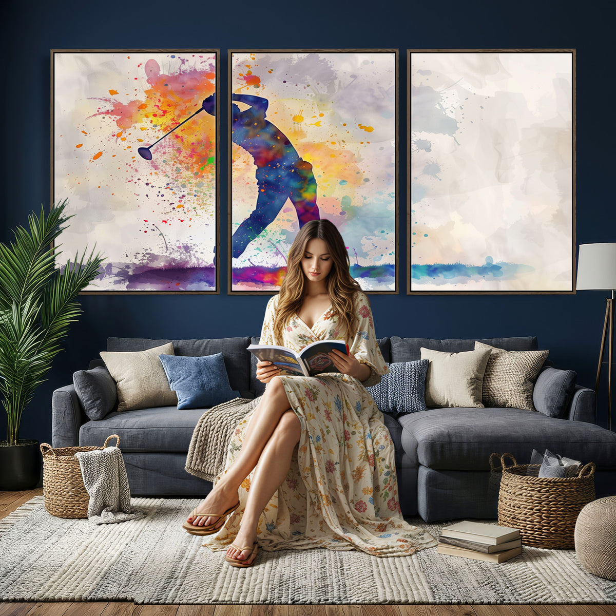 89625-MGV-CV-36X24 - Vibrant Watercolor Golf Swing Wall Art Canvas Print | Extra Large 3 Piece Canvas Wall Art