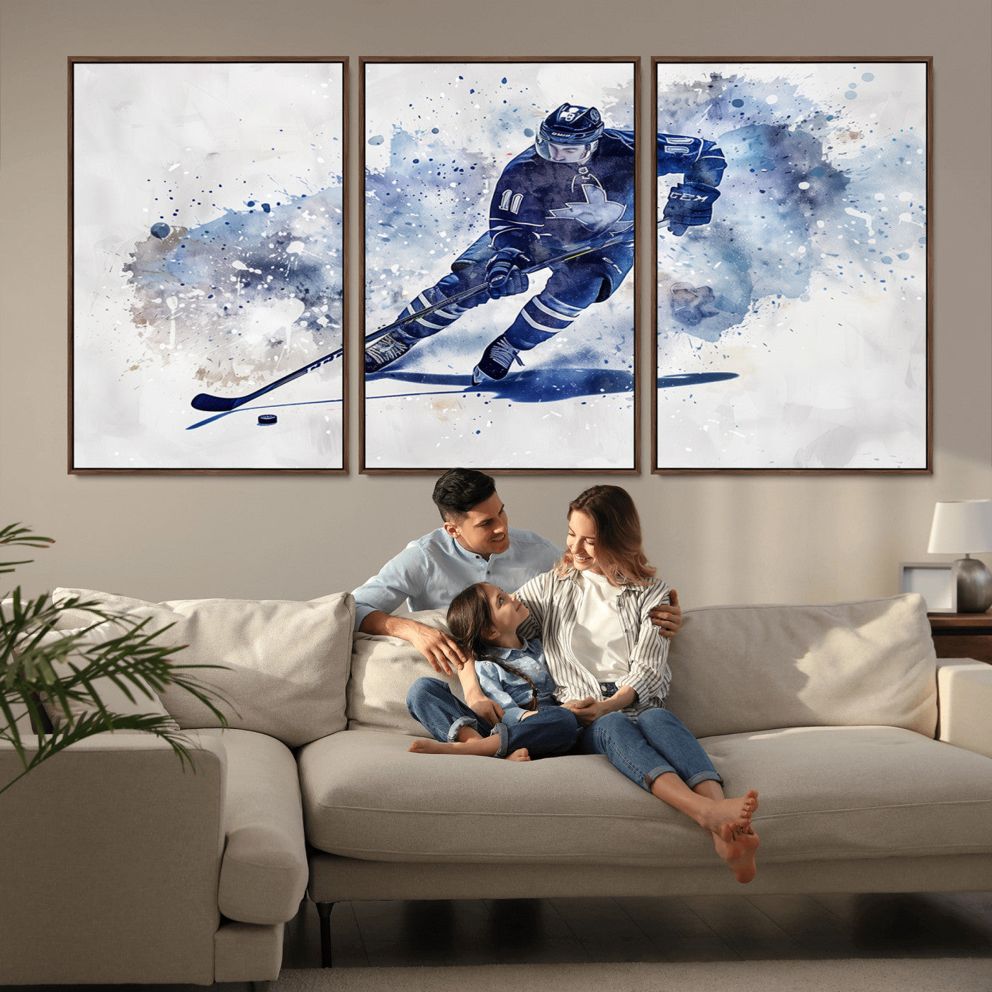MGV-FC-60X30-3P - Hockey Player Wall Art Canvas Print - Sports-Inspired Watercolor Decor - Ready to Hang