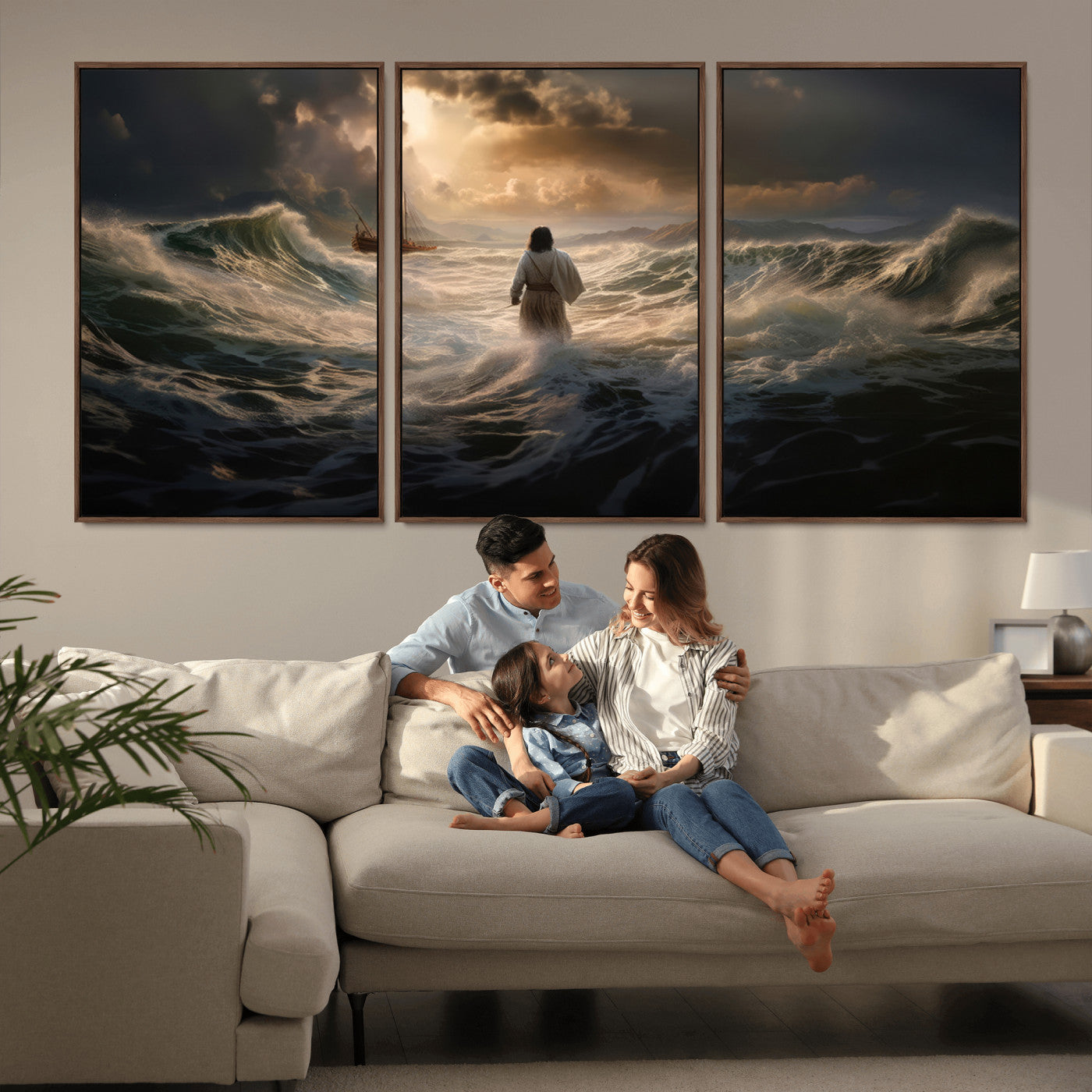 MGV-FC-60X30-3P - Jesus Walking on Water Wall Art Canvas Print - Religious Spiritual Decor - Jesus Wall Art Canvas
